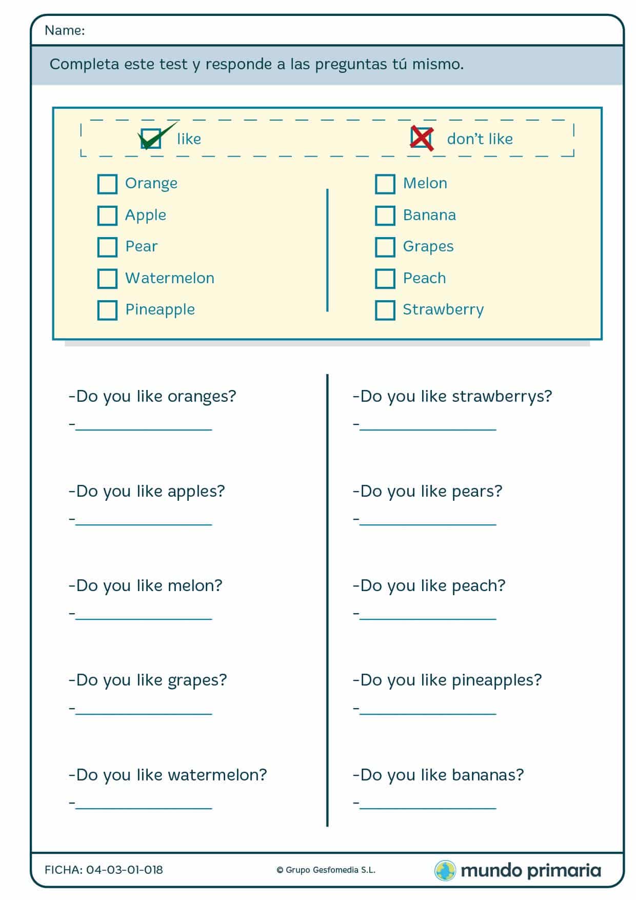Haz el test y responde a tus propias preguntas en inglés para 2º ciclo