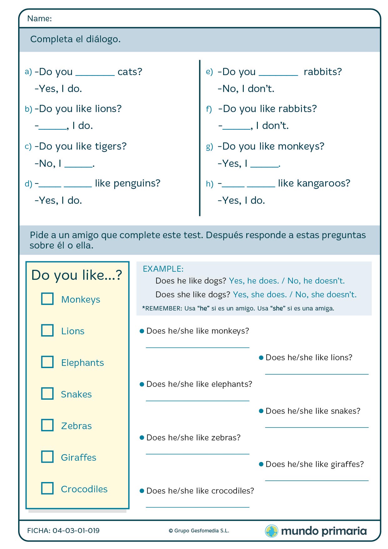 Completa la ficha de gramática en inglés para 2º ciclo de Primaria