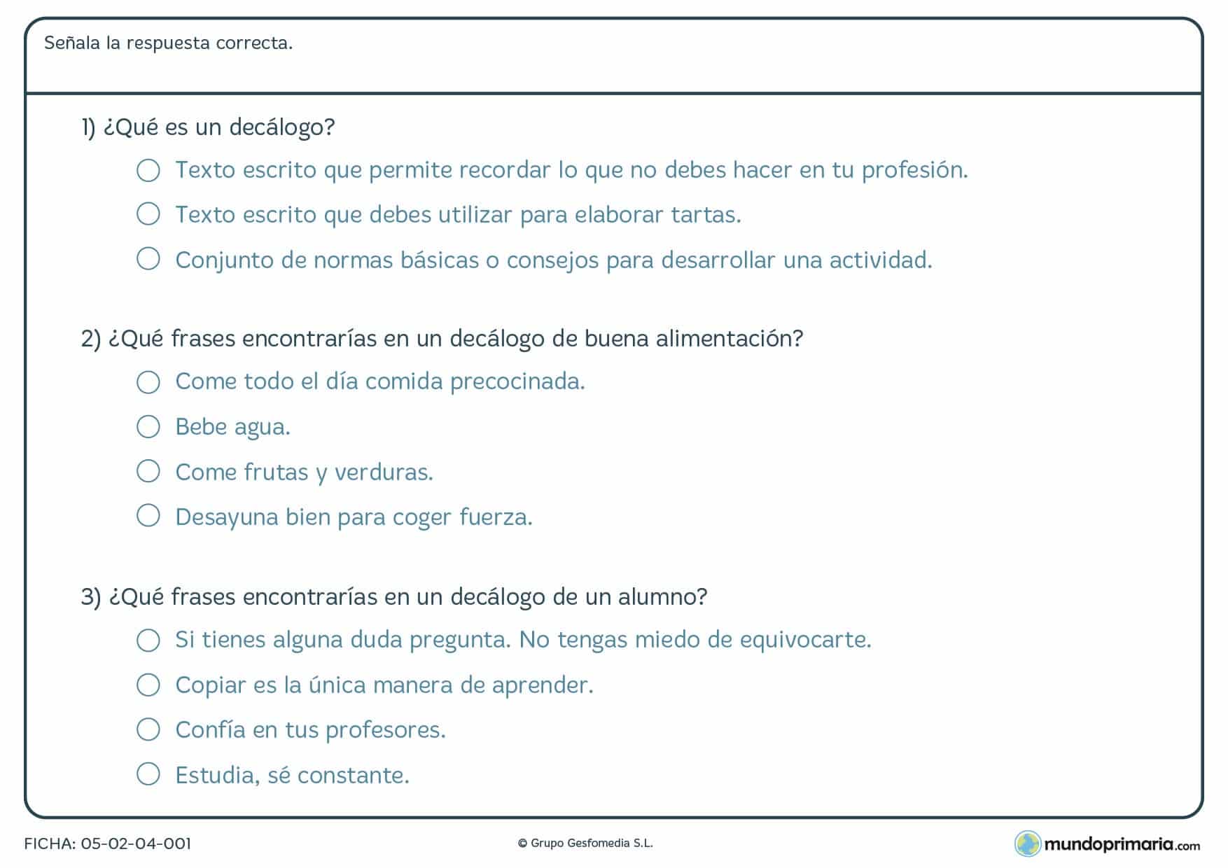 Ficha de lenguaje sobre los decálogos para alumnos de Primaria