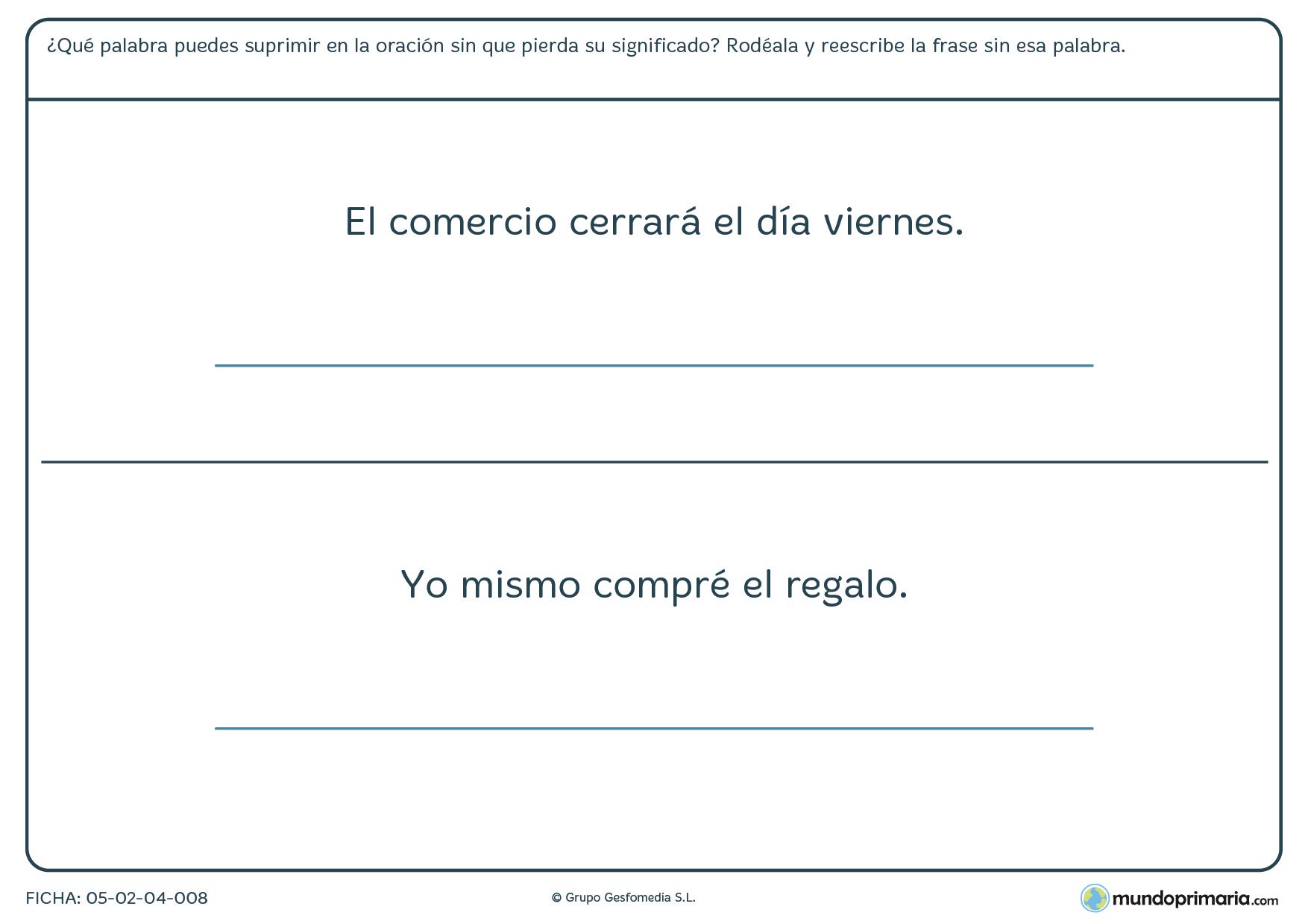 Ficha de frases con palabras con elipsis para niños de Primaria