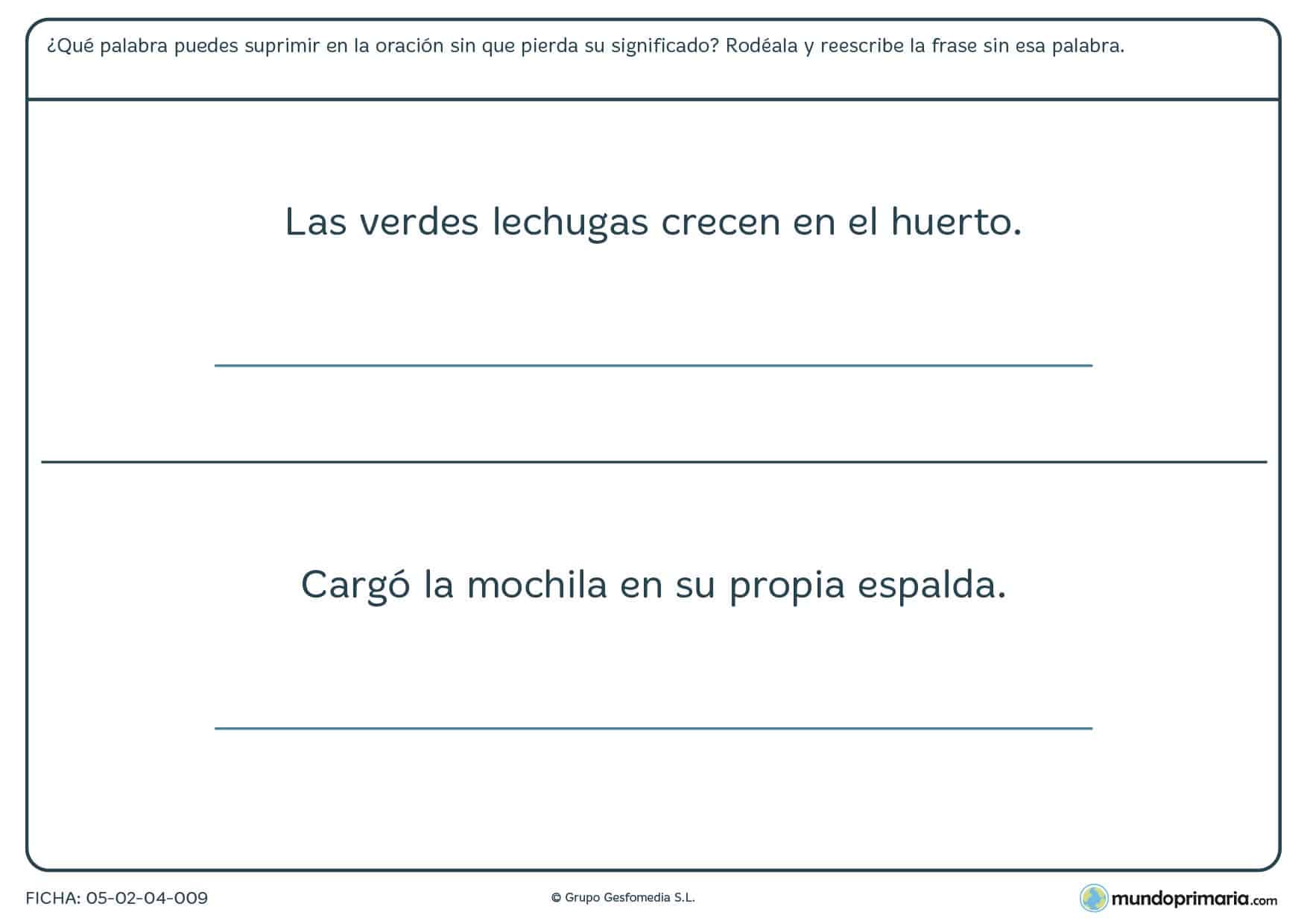 Ficha de rodear la palabra que sobra en las frases para 3º curso