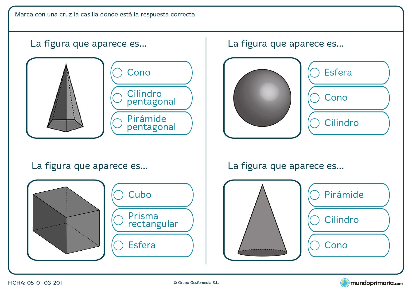 Ficha para marcar con una cruz el nombre del cuerpo geométrico para 6º