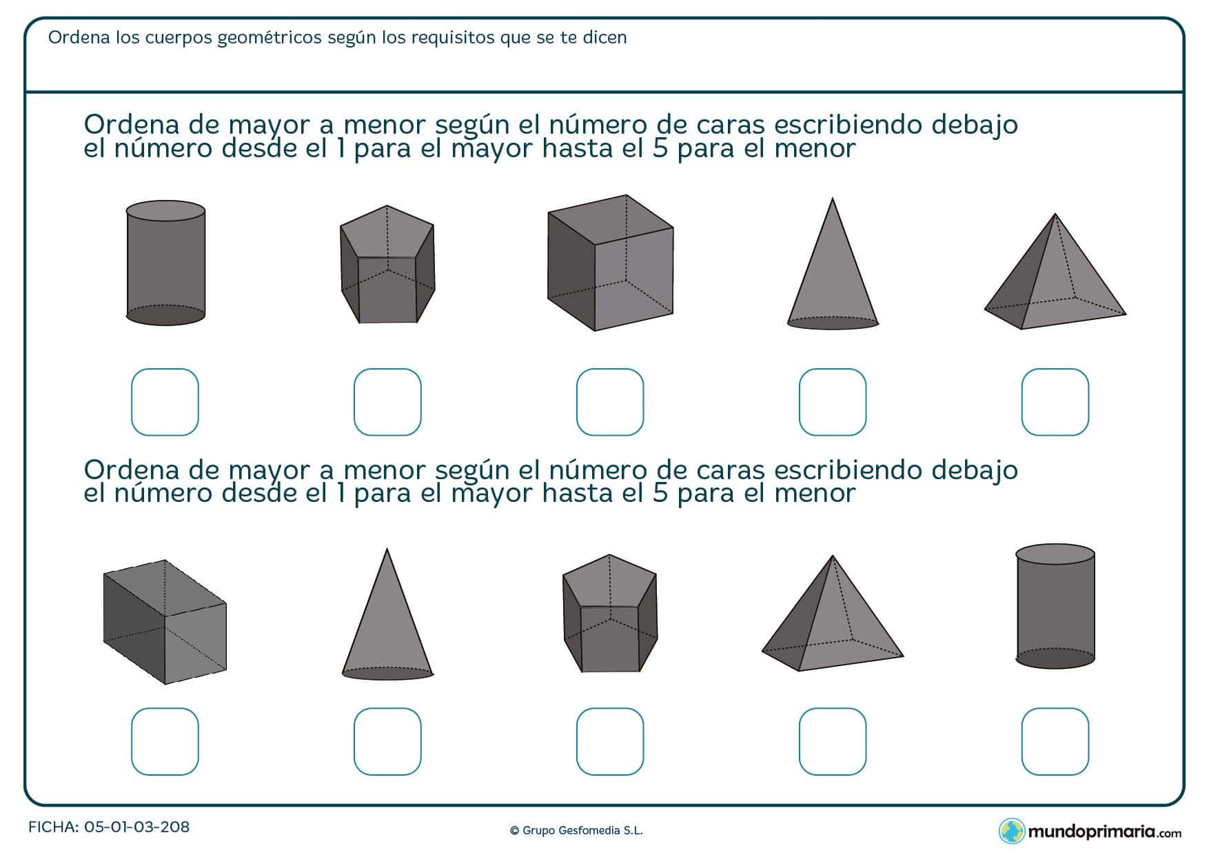 Ficha de ordenar de menor a mayor por el numero de caras para 6º