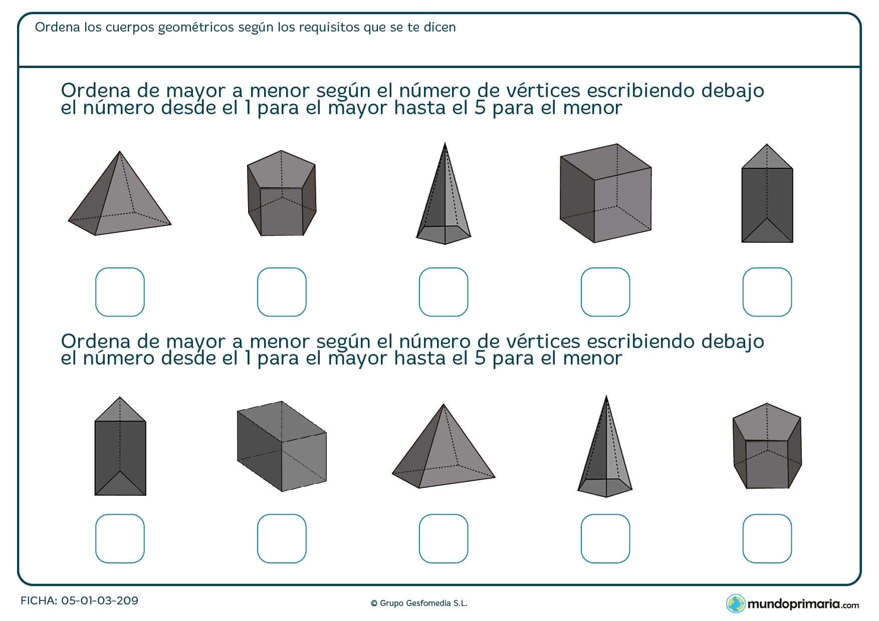 Ficha con 5 cuerpos para ordenar por el número de vértices para 6º