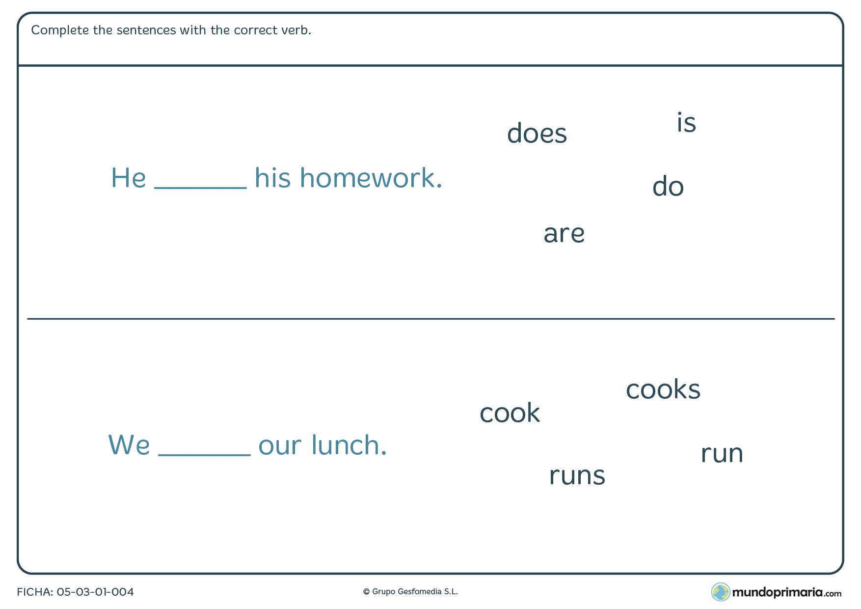 Ficha en inglés de completar con el correct verb para 3º de Primaria