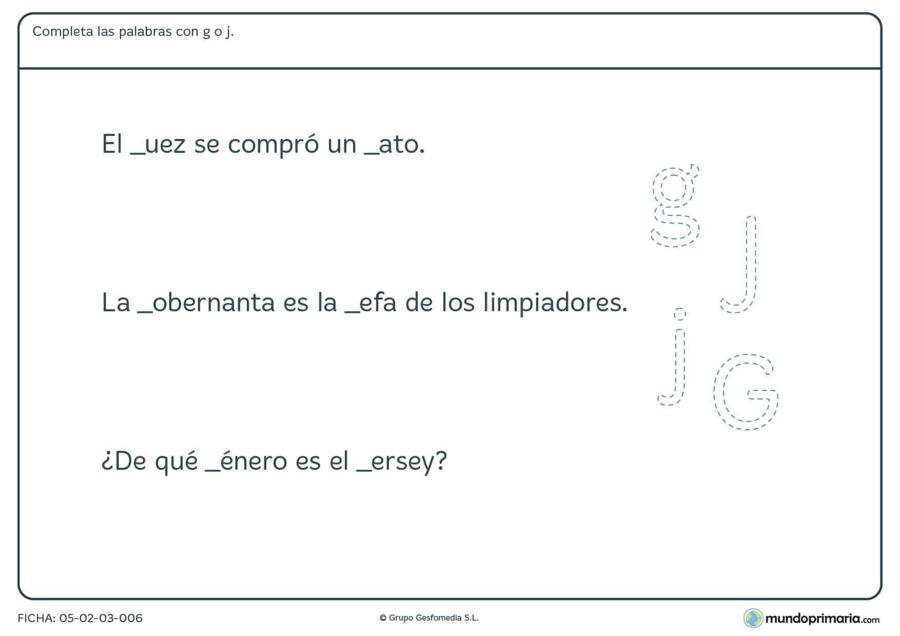 Ficha de lengua para niños de 3º de Primaria sobre las letras g y j