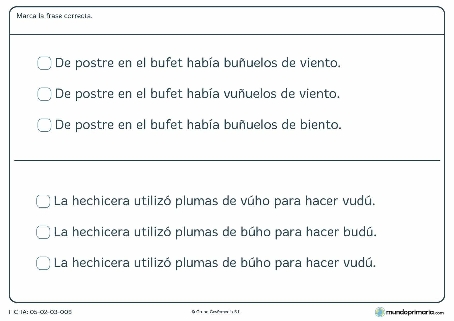 Ficha de lenguaje para marcar la frase correcta para 3º de Primaria