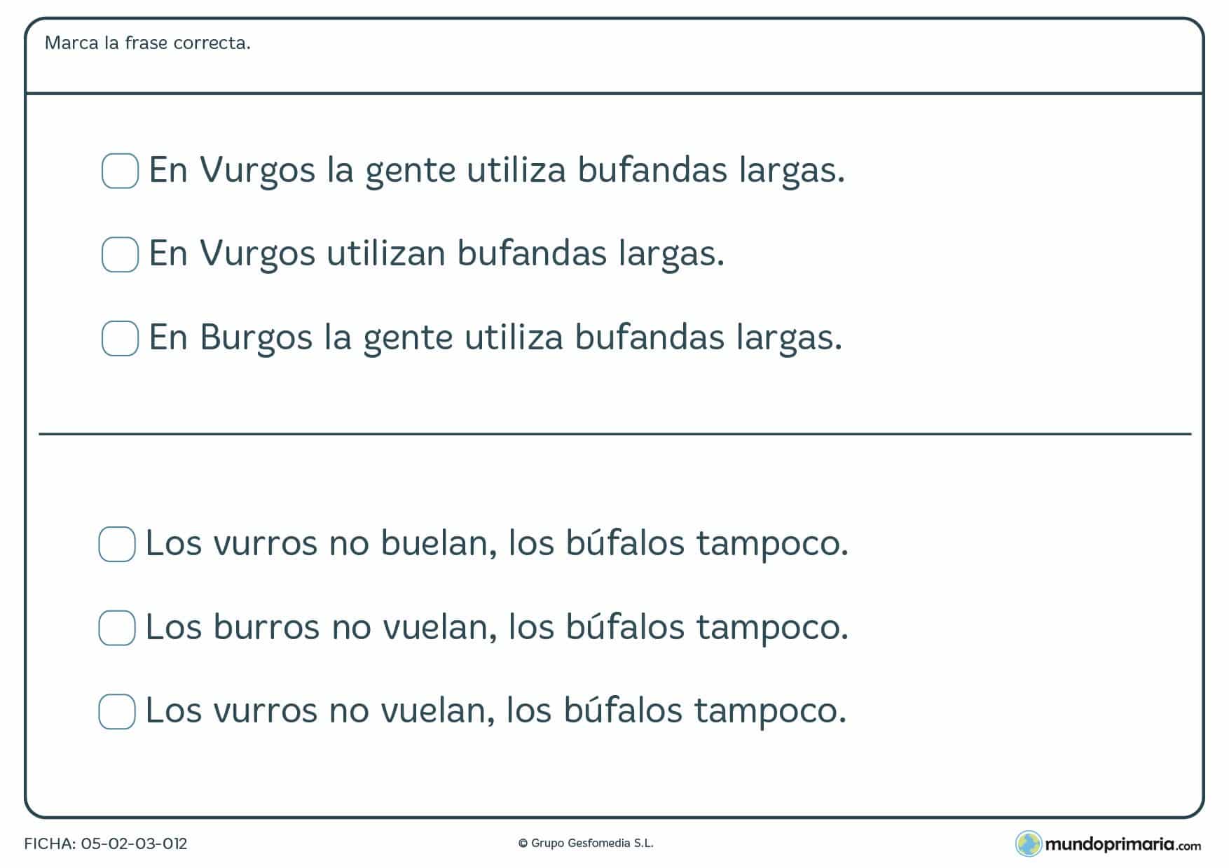 Ficha de marcar la frase con correcta ortografía para 3º de Primaria