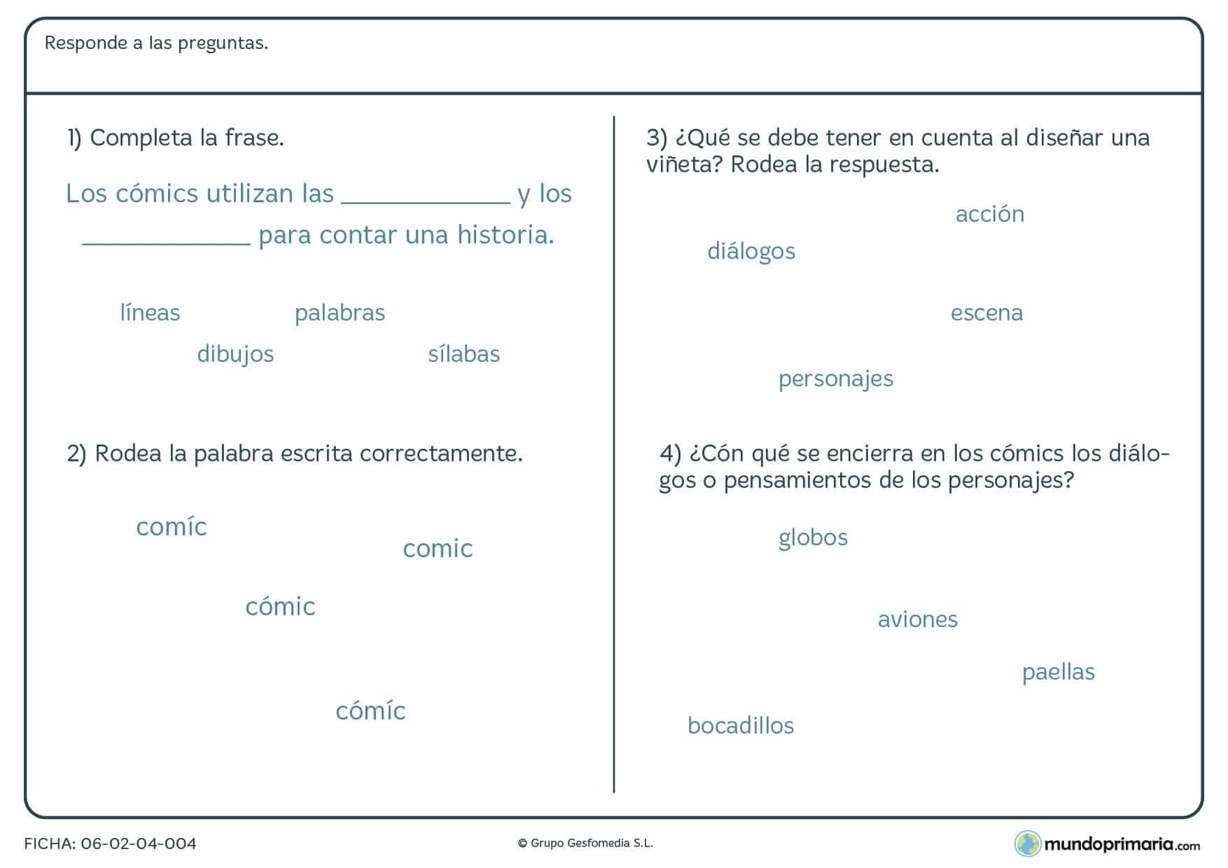 Ficha de Primaria de cómics, viñetas y su utilización para 4º curso