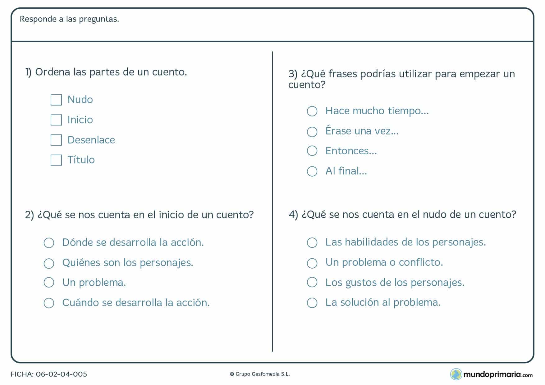 Ficha de lenguaje sobre preguntas de las partes de un cuento