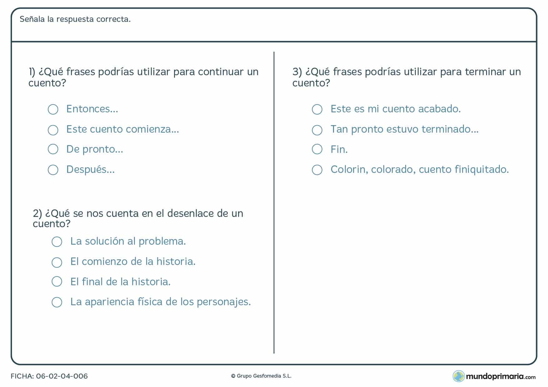 Ficha sobre el desenlace de un cuento para niños de educación primaria
