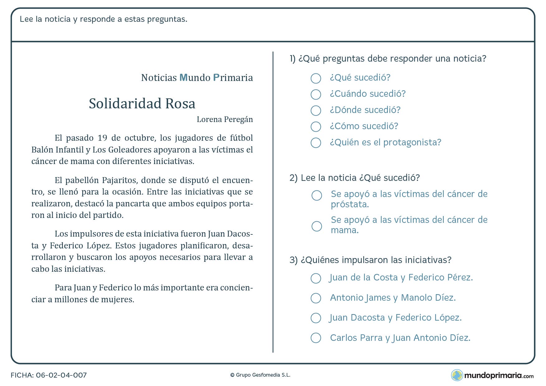 Ficha de la noticia "Solidaridad Rosa" para responder a las preguntas