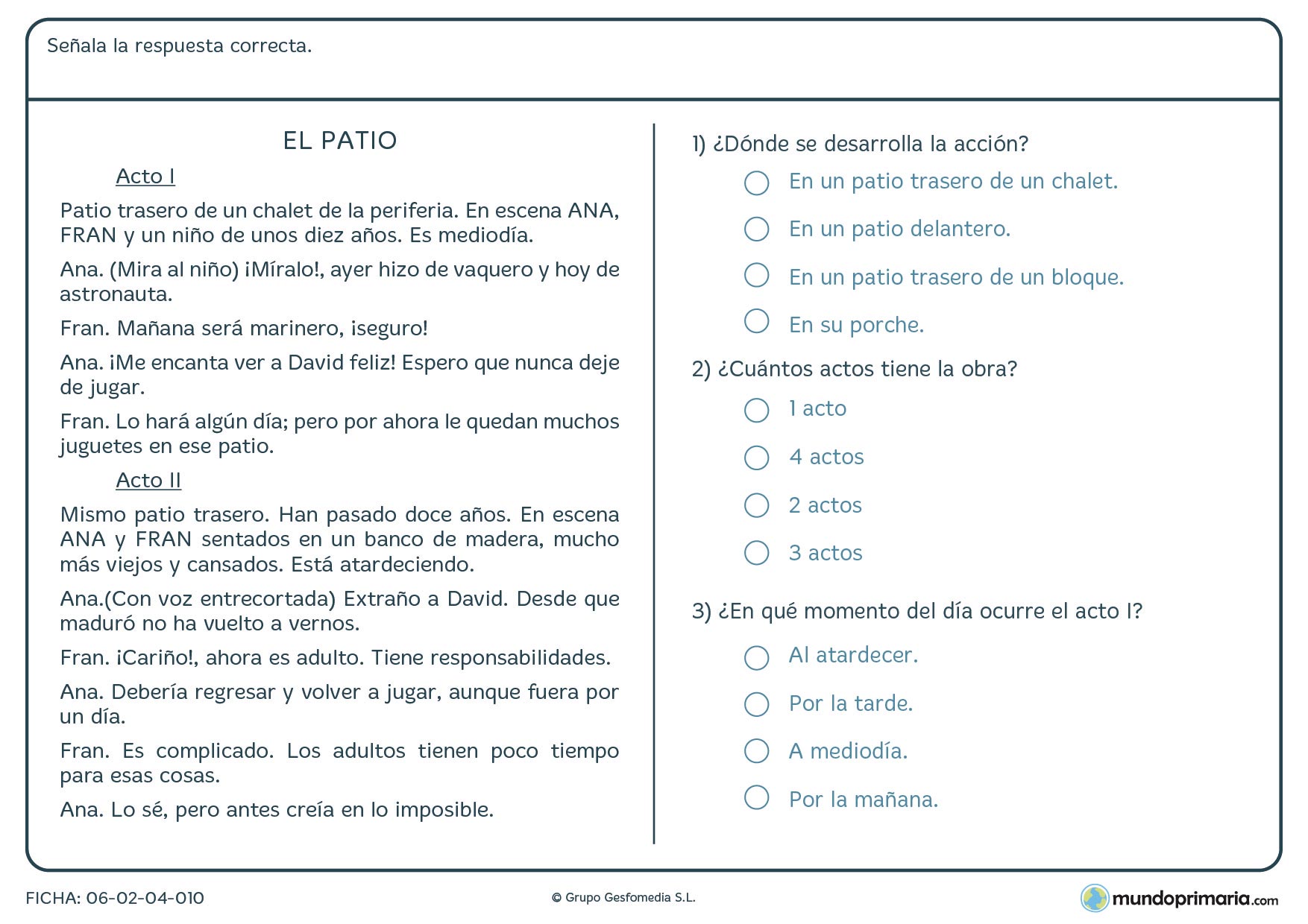 Ficha de comprensión lectora sobre un acto teatral para Primaria