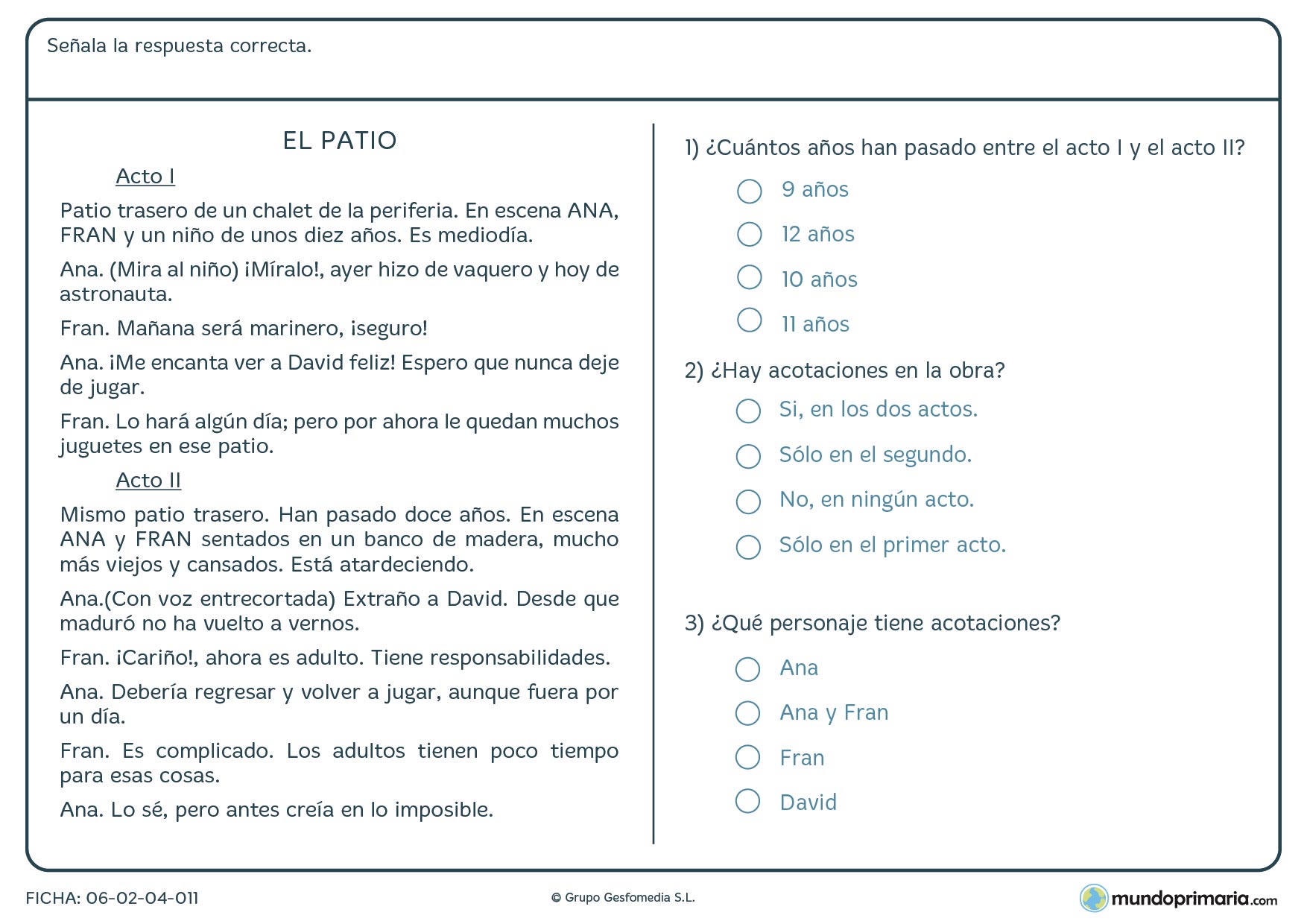 Ficha de la obra de teatro El Patio para responder preguntas de 4º año