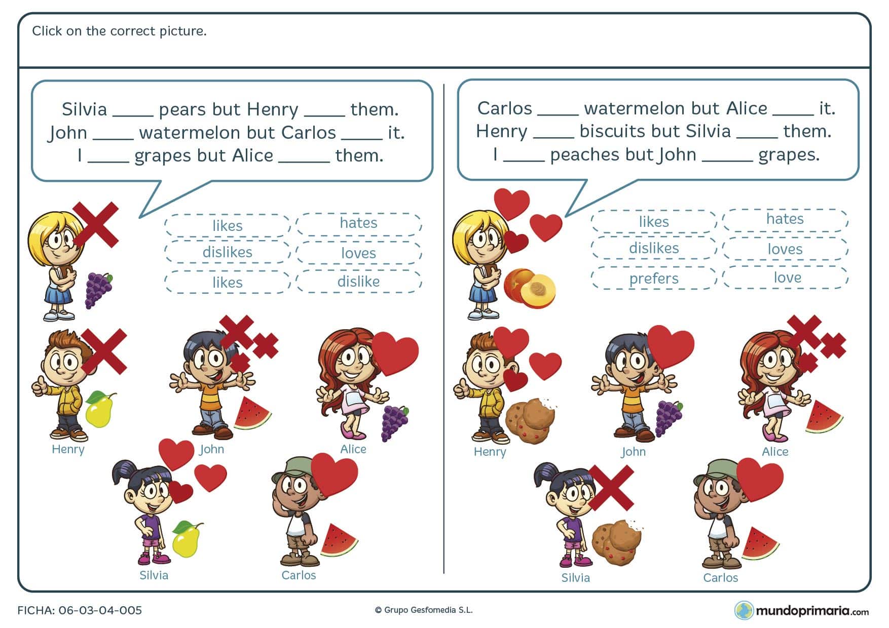 Ficha de identificar la forma verbal en inglés de las situaciones que se disponen en los dibujos para niños de 4º de primaria.