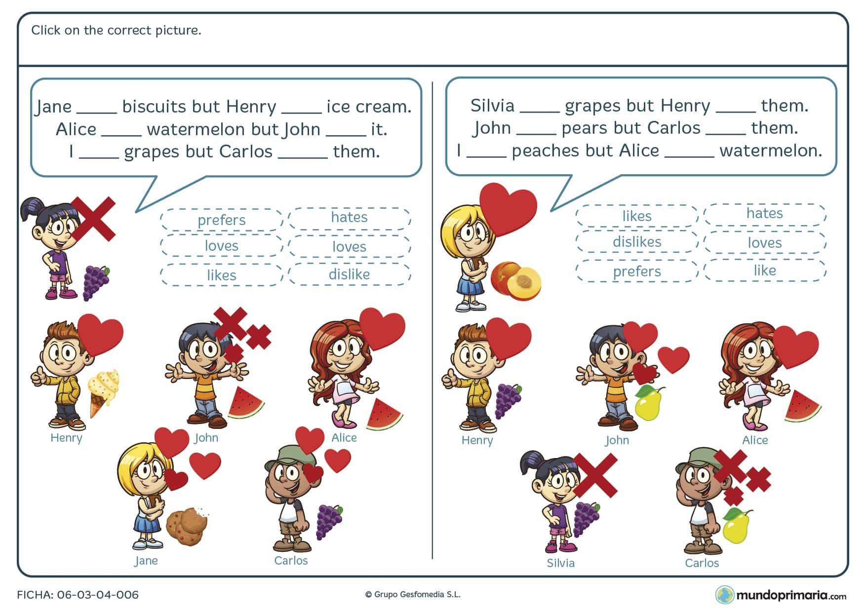 Ficha de elegir el verbo correcto en inglés para primaria