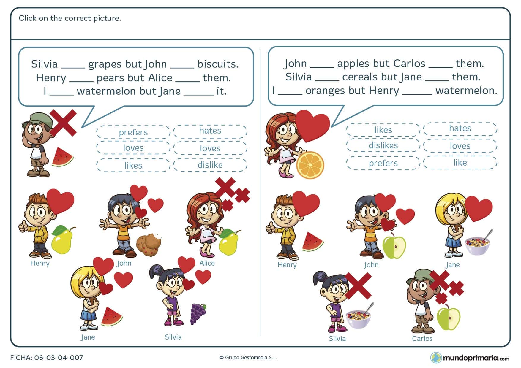 Ficha de escoger el tiempo verbal en inglés para 4º de primaria