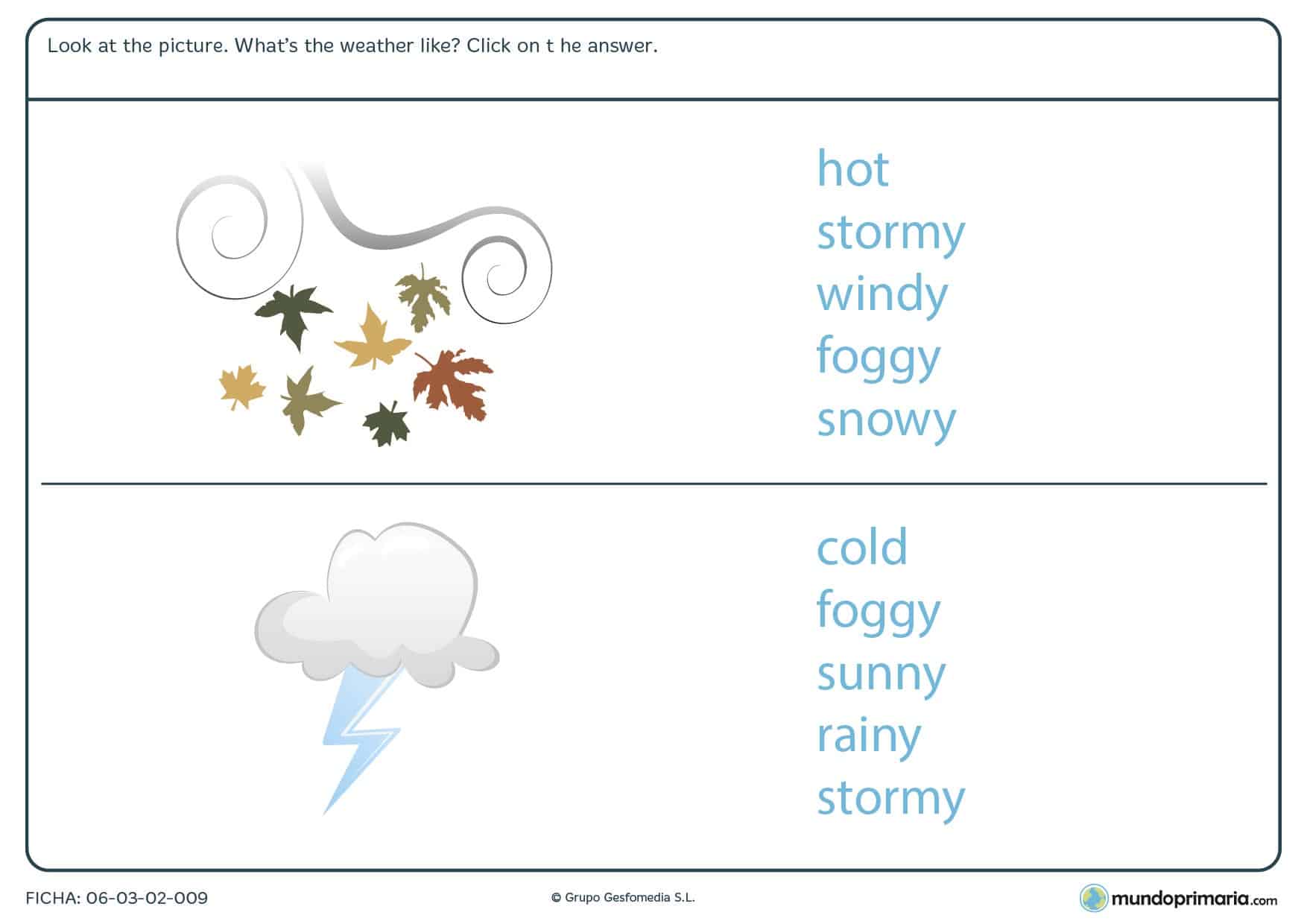 Ficha de identificar la meteorología en inglés para primaria