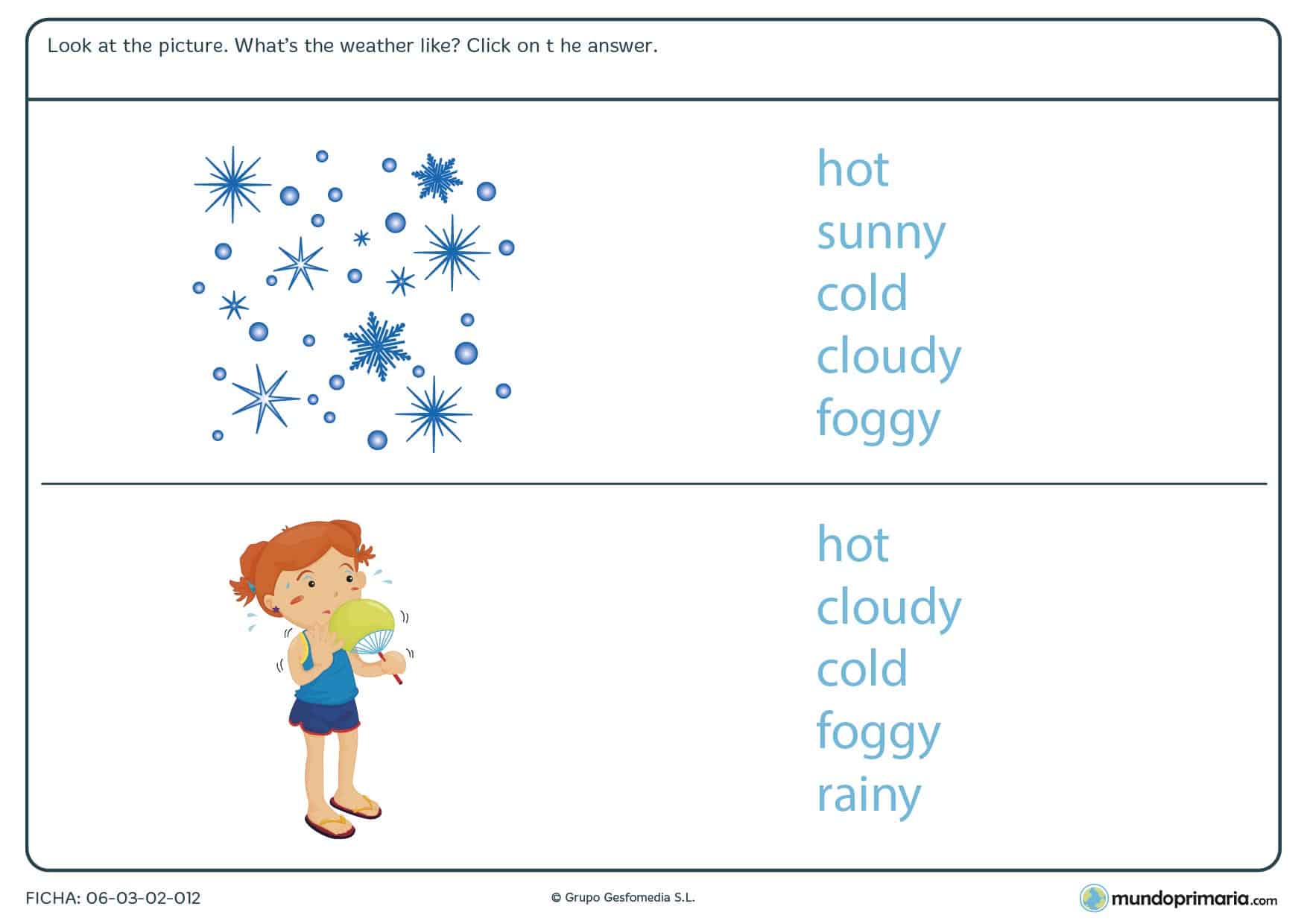 Ficha de identificar el tiempo que hace en inglés para primaria