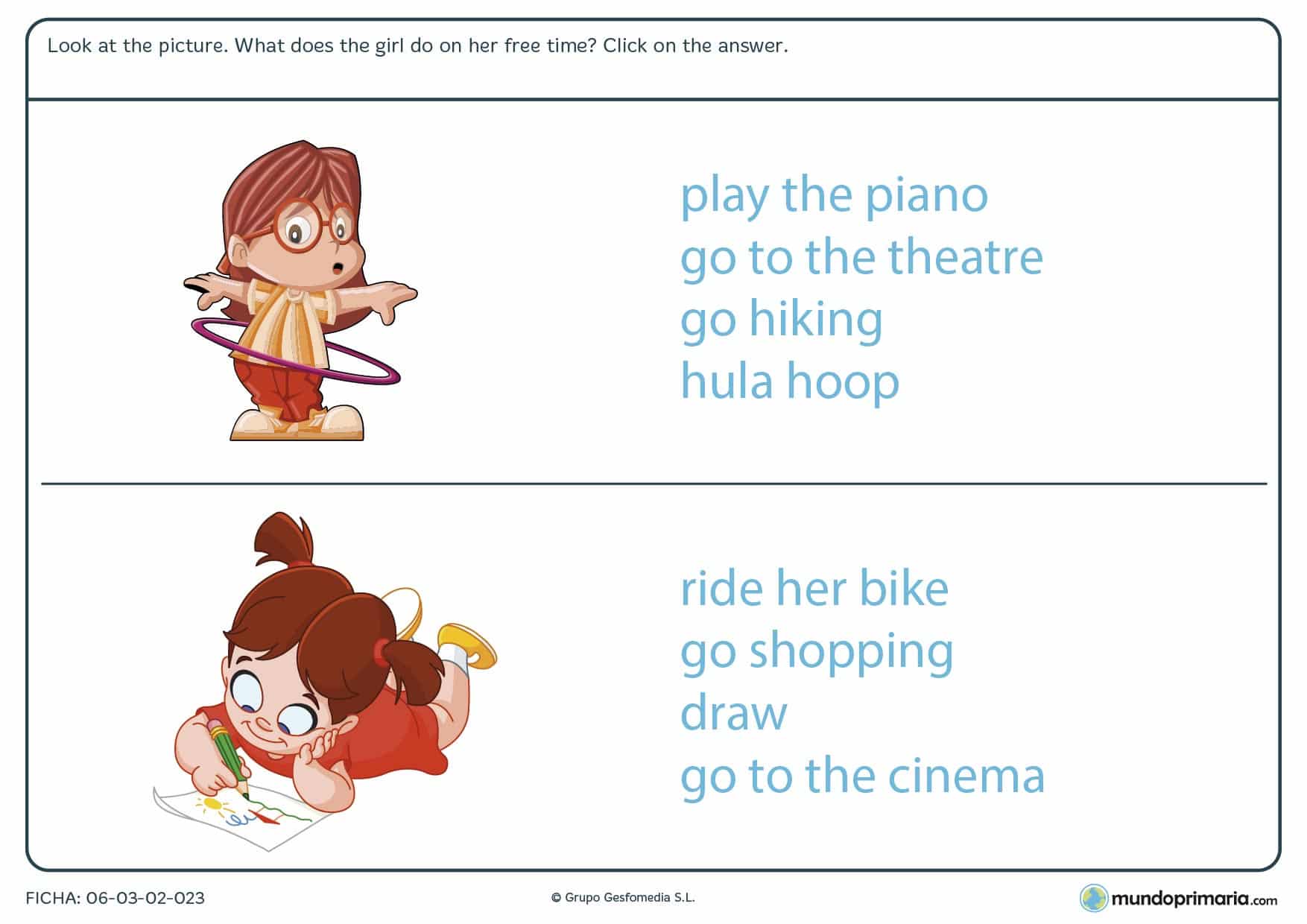 Ficha de identificar actividades libres en inglés para primaria