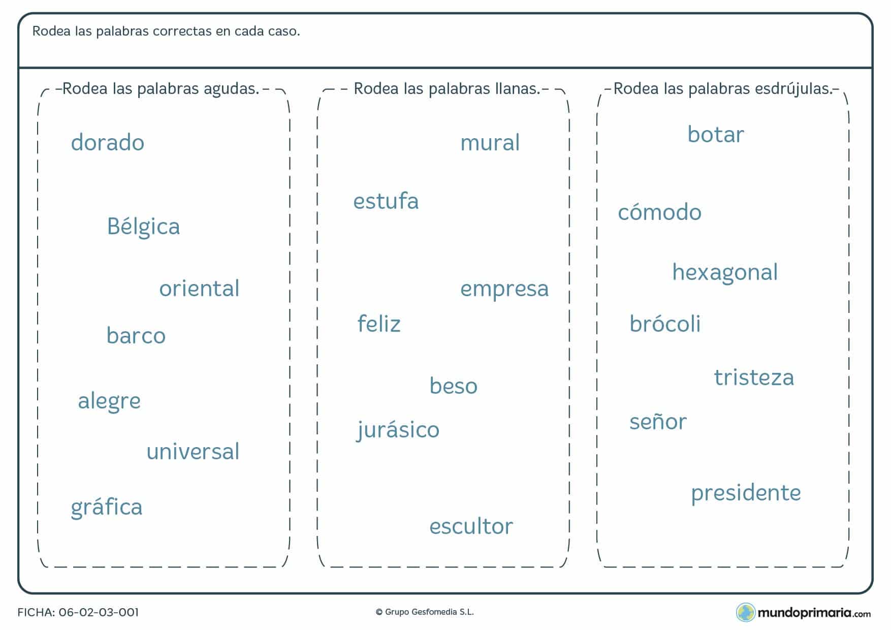 Ficha de palabras agudas, llanas y esdrújulas para 4º de Primaria