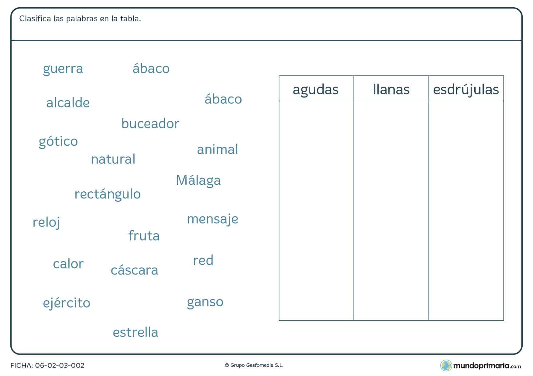 Ficha de clasificar las palabras en la tabla según sea su acentuación