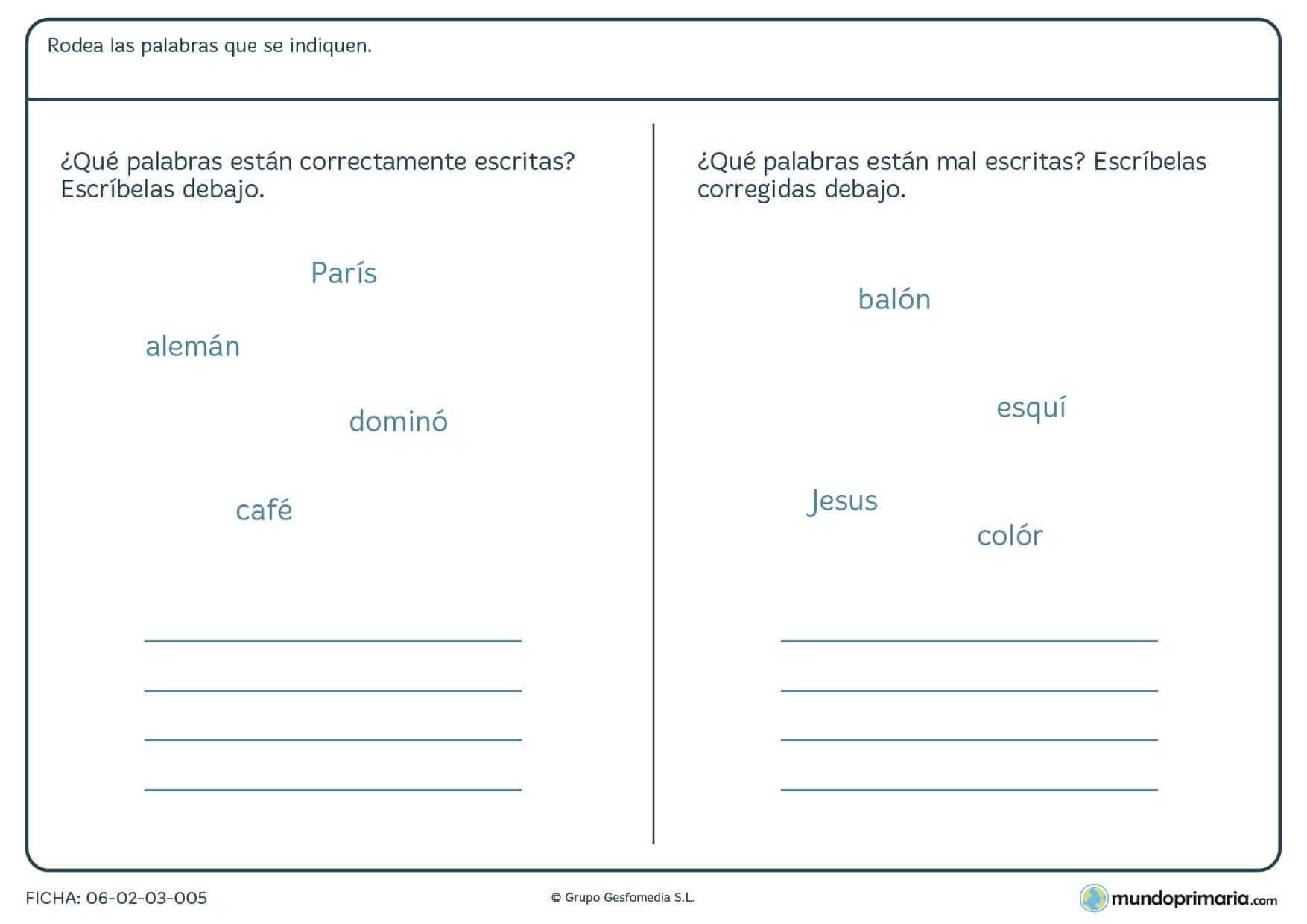Ficha de rodear las palabras que están bien y mal escritas para 4º