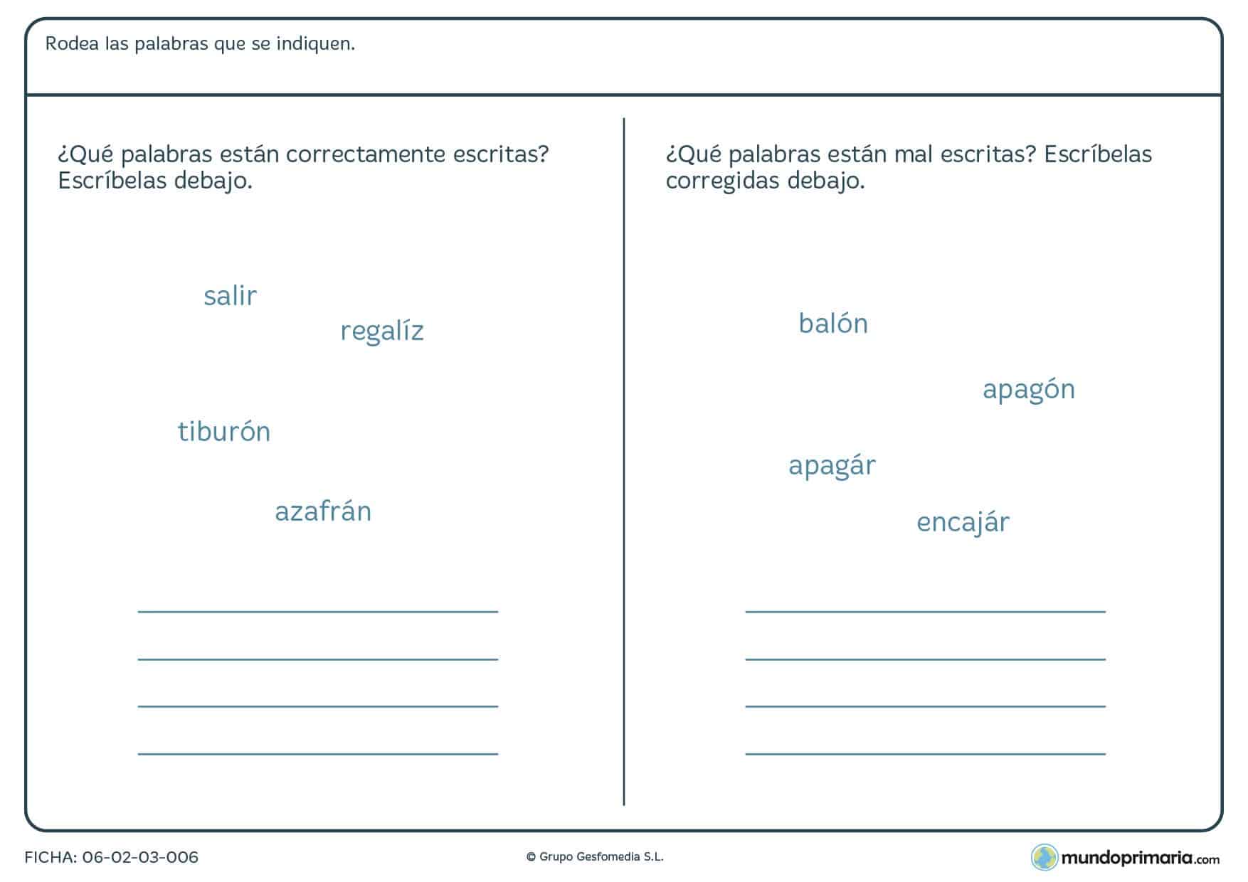 Ficha de acetuación bien y mal escrita para niños de Primaria