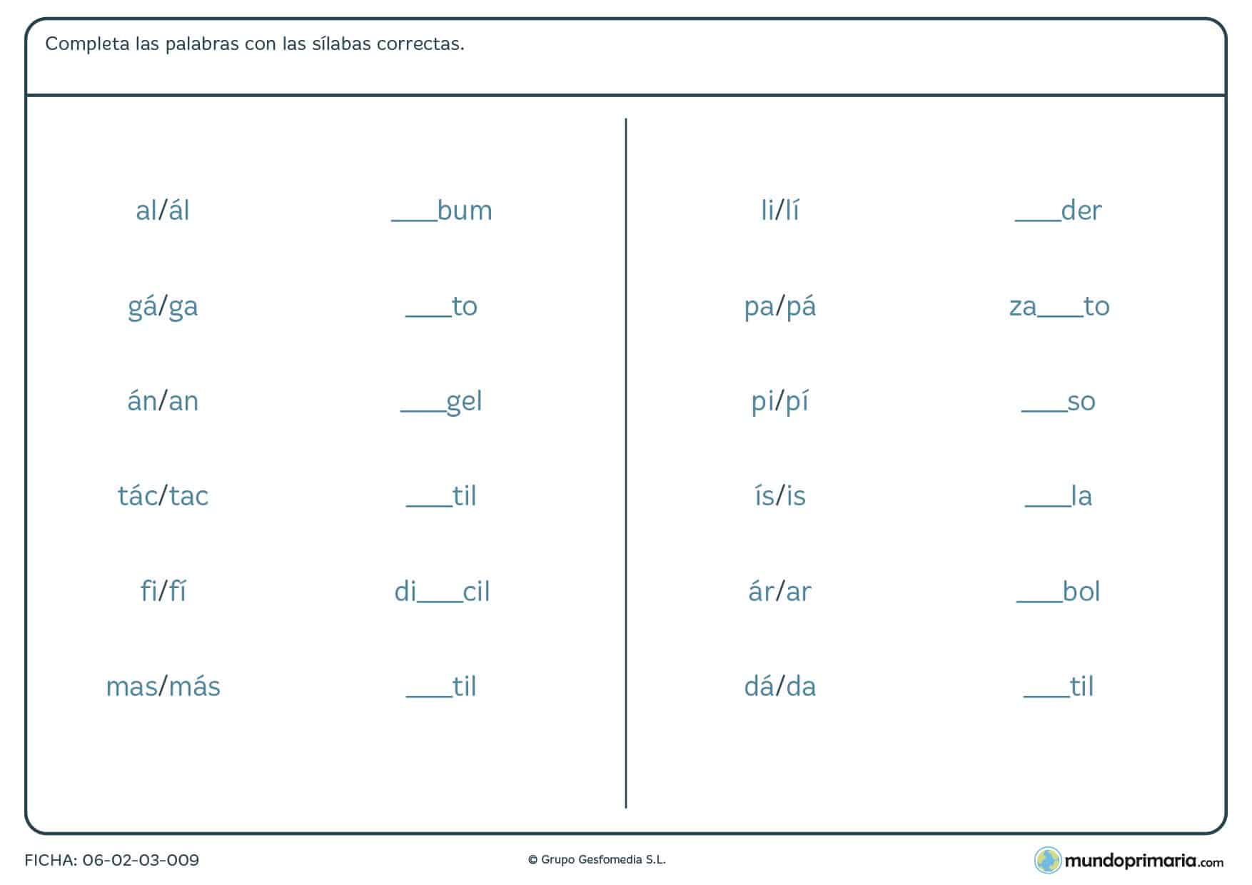 Ficha de lengua para 4º Primaria sobre sílabas acentuadas