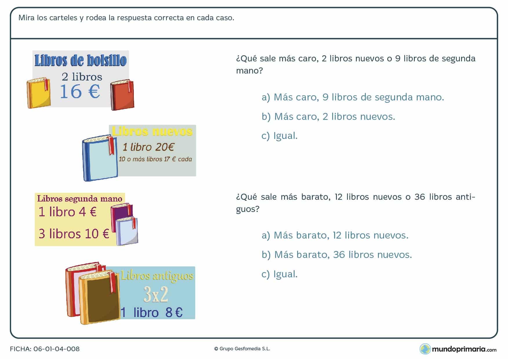 Ficha con problemas de cuentas en una tienda de libros para 4º
