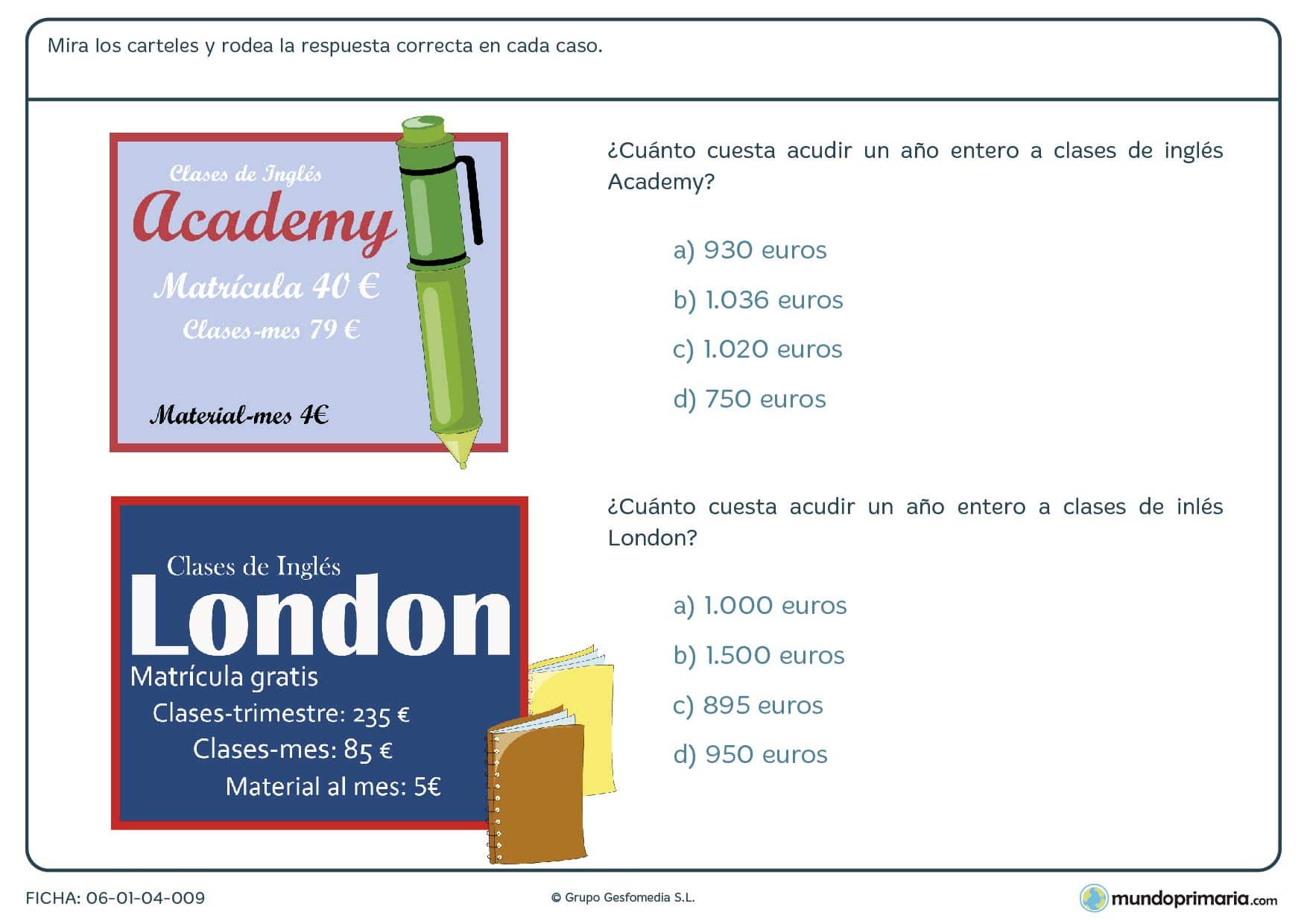 Fista para calcular el precio de las clases de inglés para Primaria
