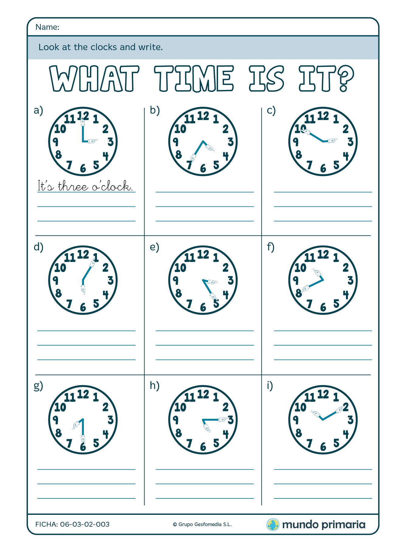 Ficha de identificar la hora en inglés para primaria