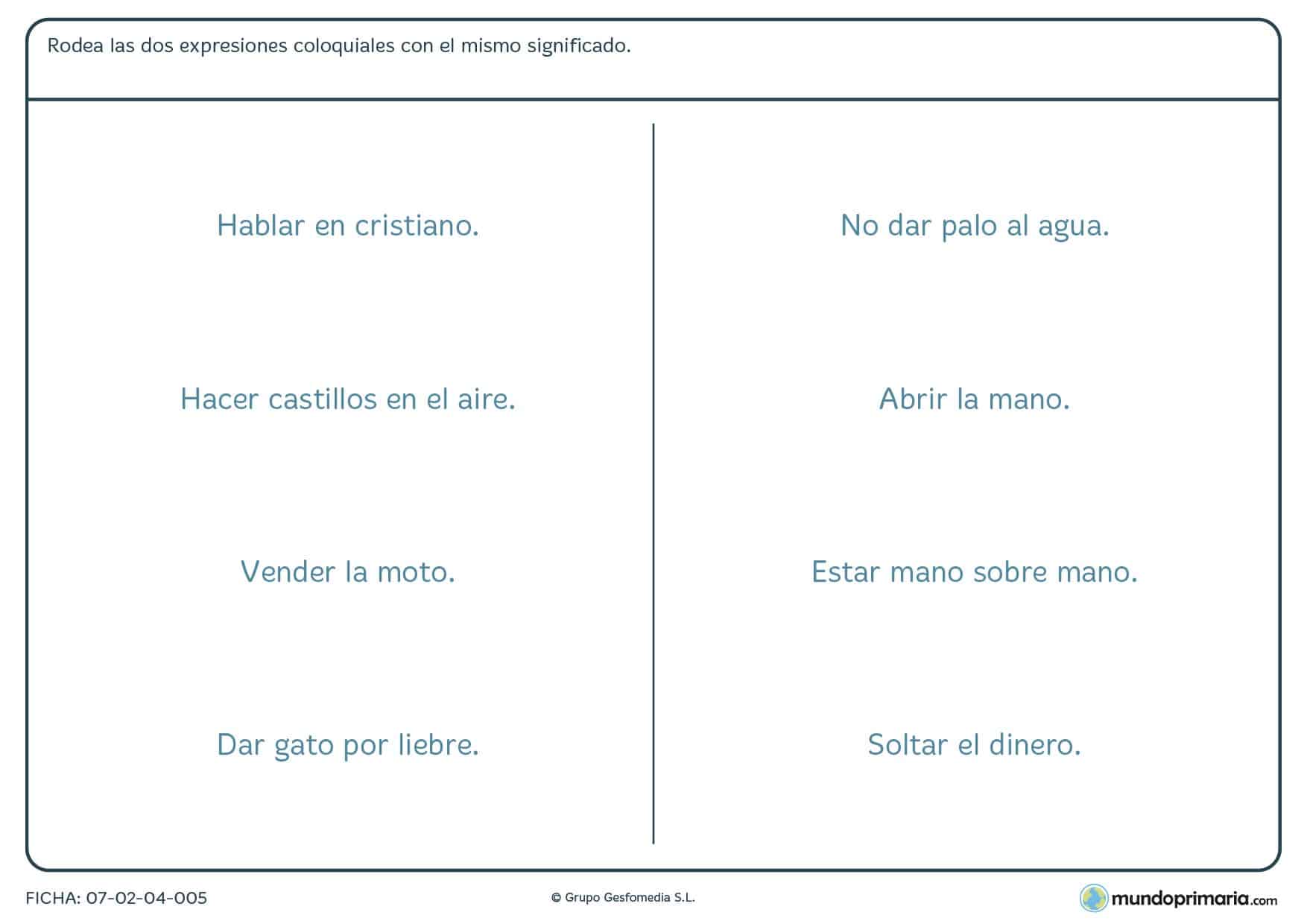 Ficha de lenguaje de frases hechas para niños de educación primaria