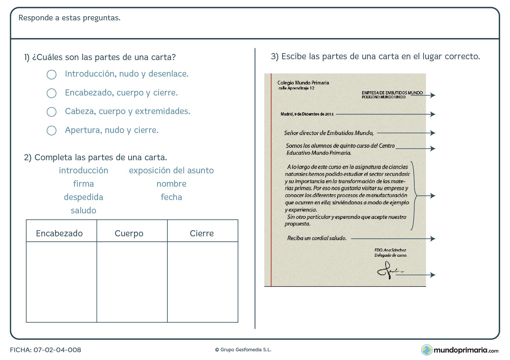 Ficha de responder a las preguntas sobre una carta para 5º de Primaria