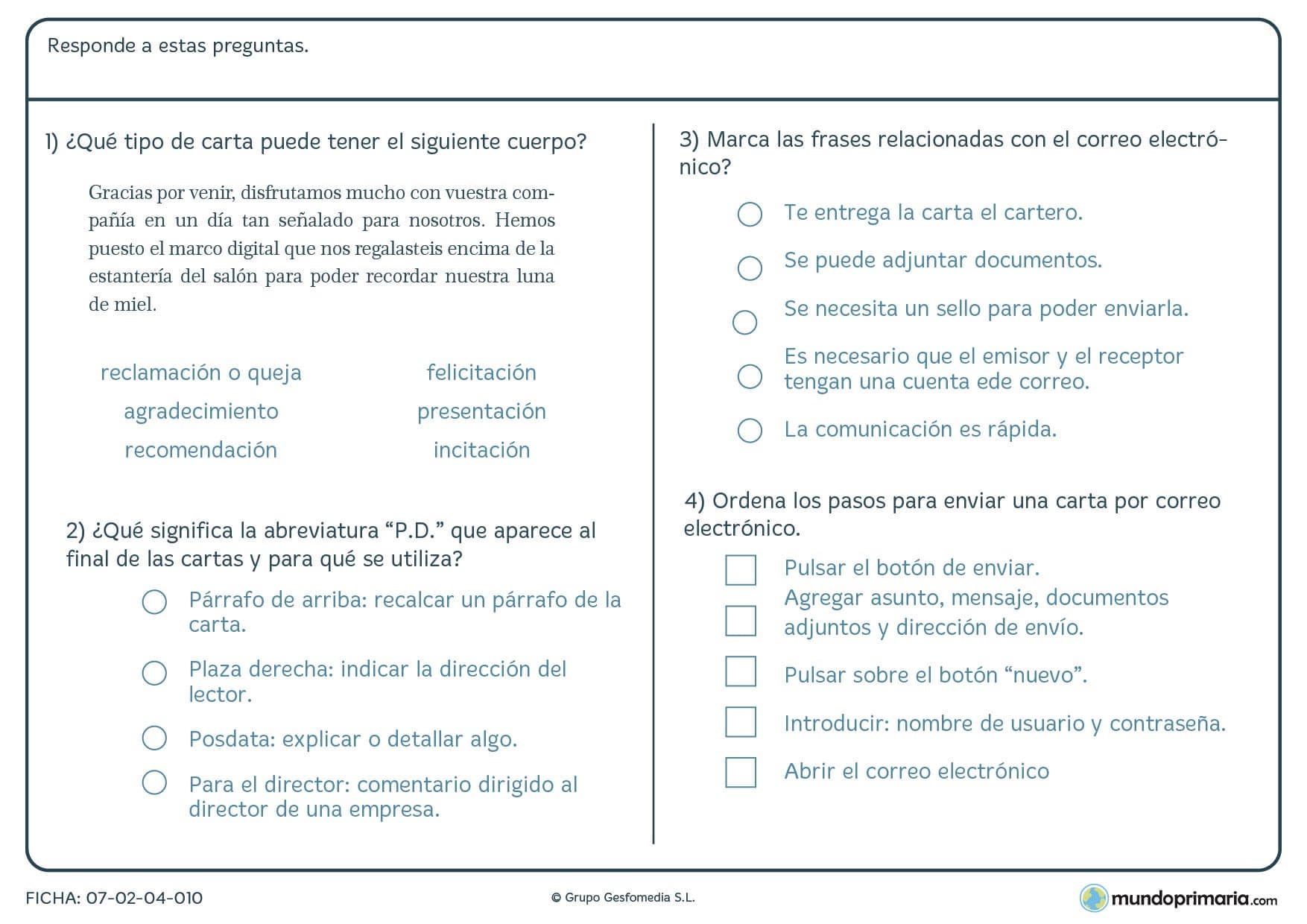 Ficha de cuatro preguntas sobre la carta anterior para 5º de Primaria
