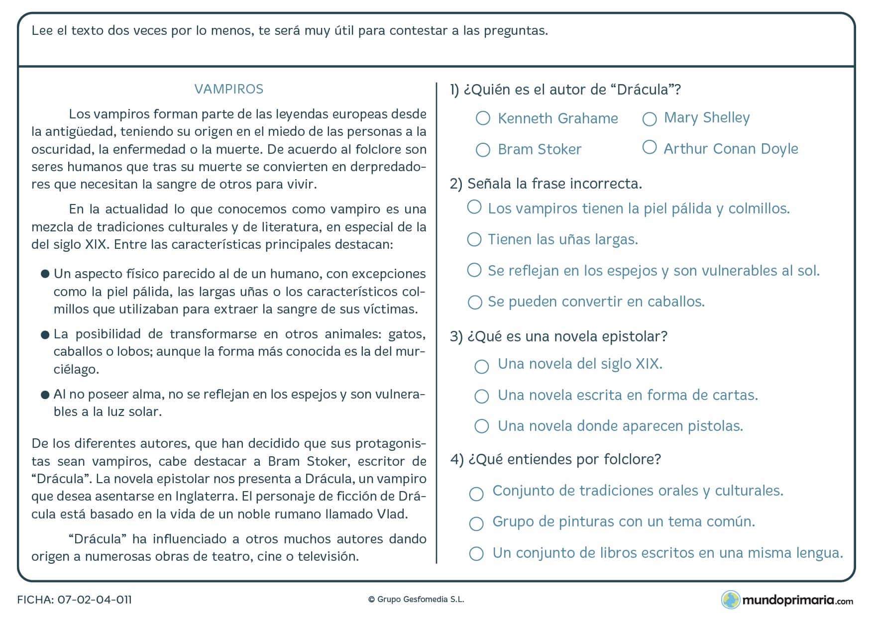 Ficha de un texto de vampiros para contestar varias preguntas para 5º