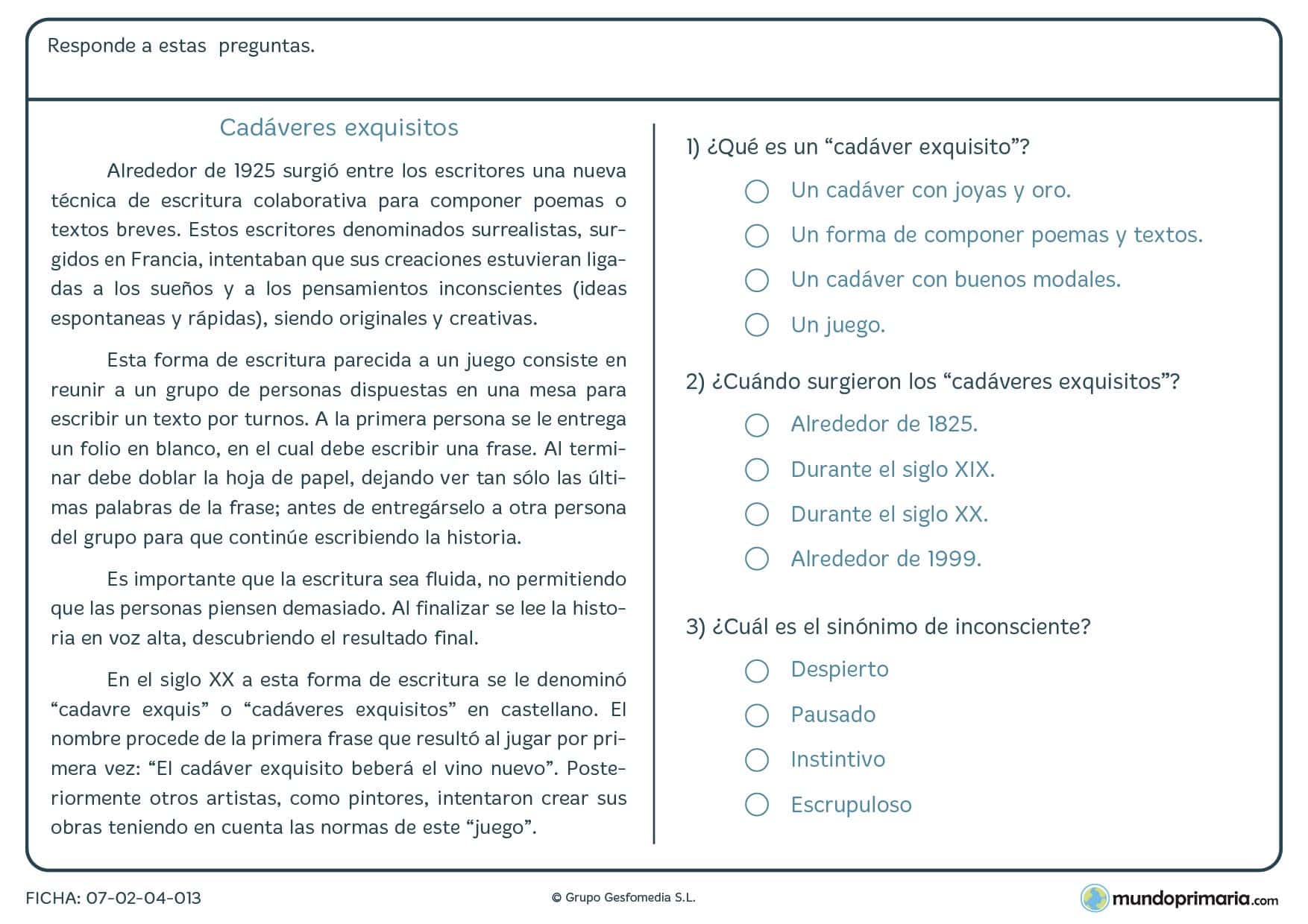 Ficha de un texto sobre cadáveres exquisitos para niños de Primaria