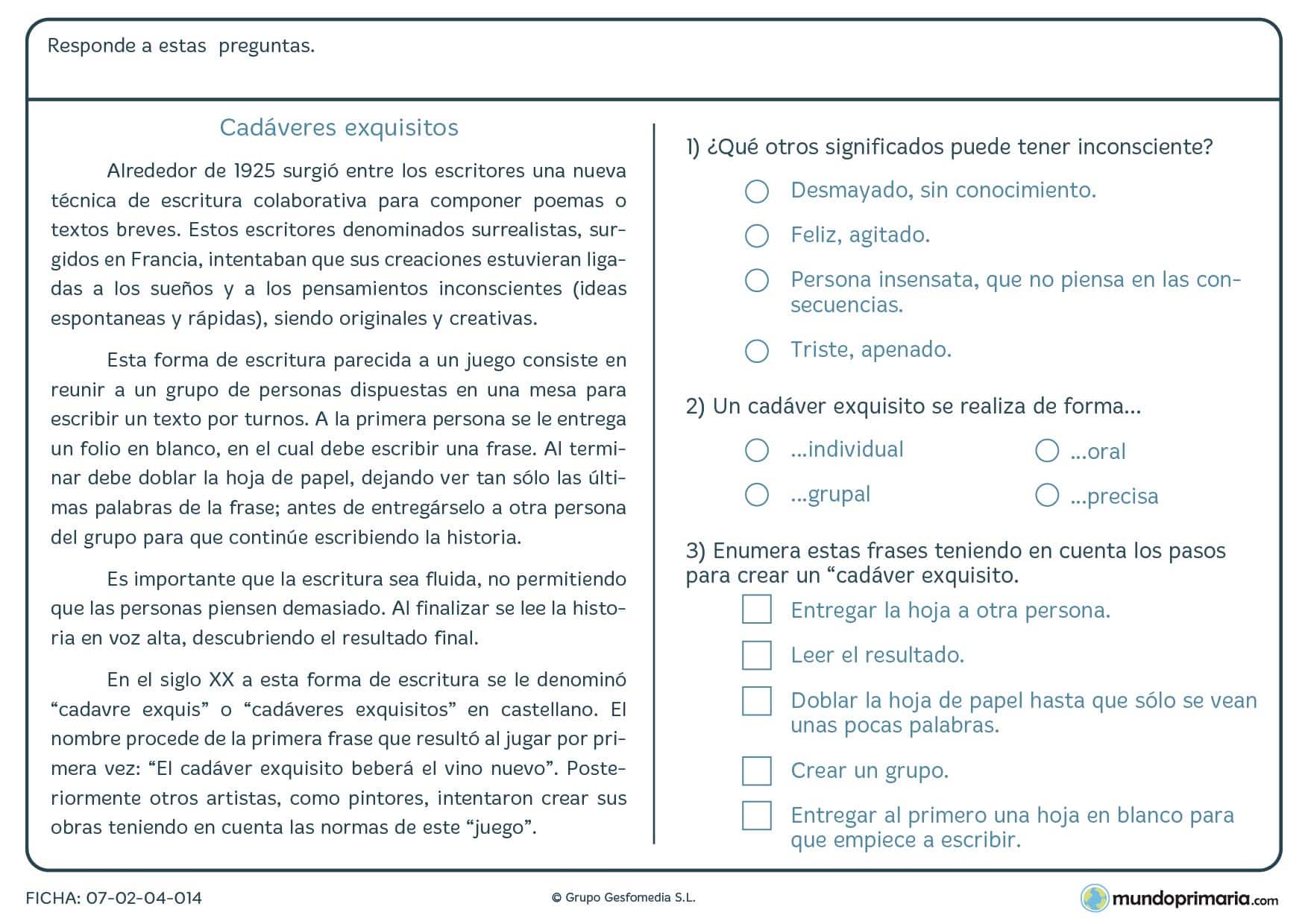 Ficha de lenguaje de responder preguntas del texto de cadáveres