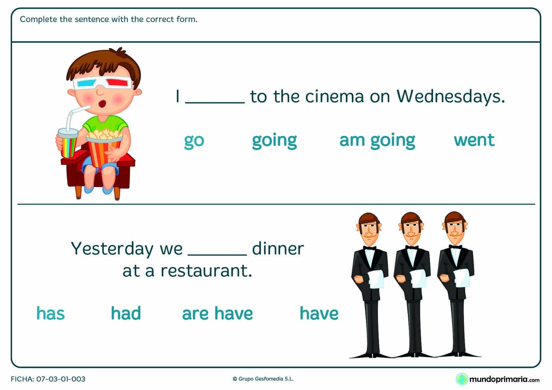 Ficha de completar la frase con la forma verbal para 5º de Primaria