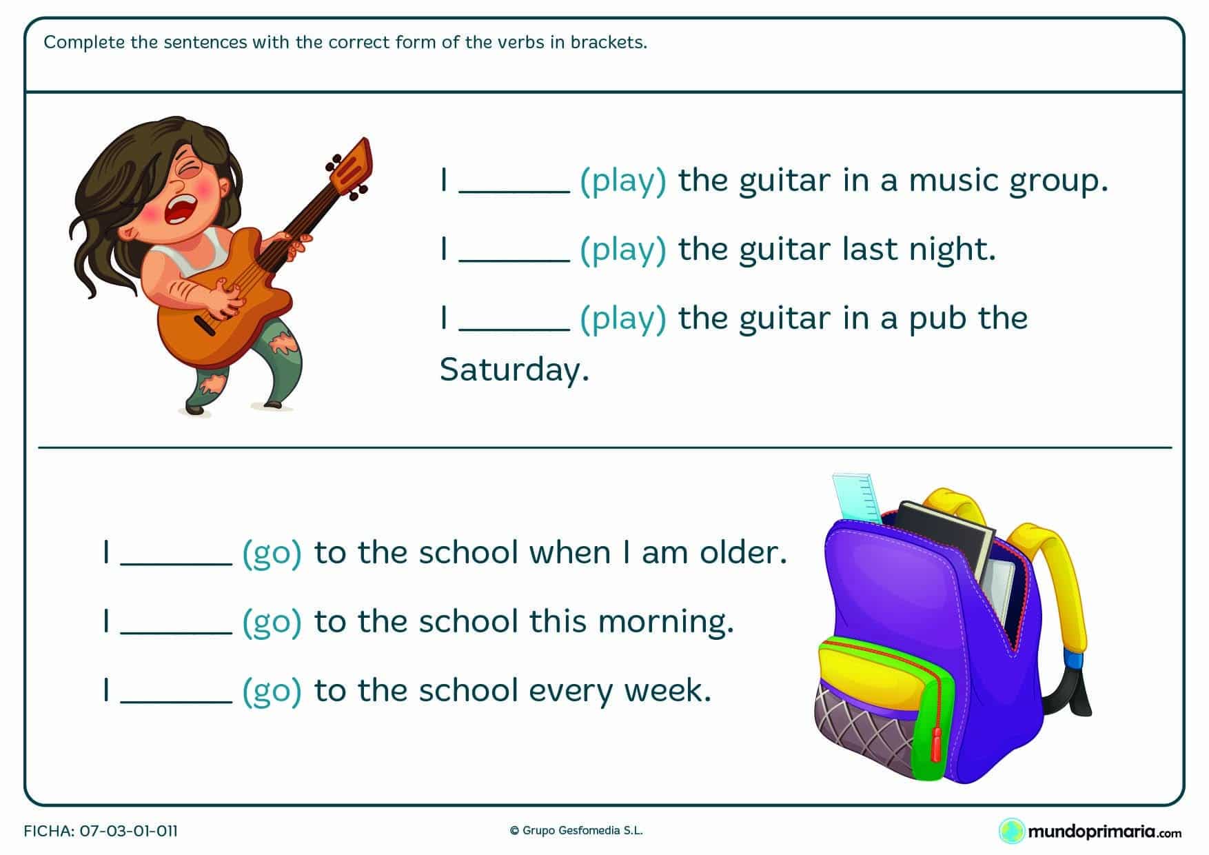 Ficha de completar con la forma del verbo to play y to go en inglés