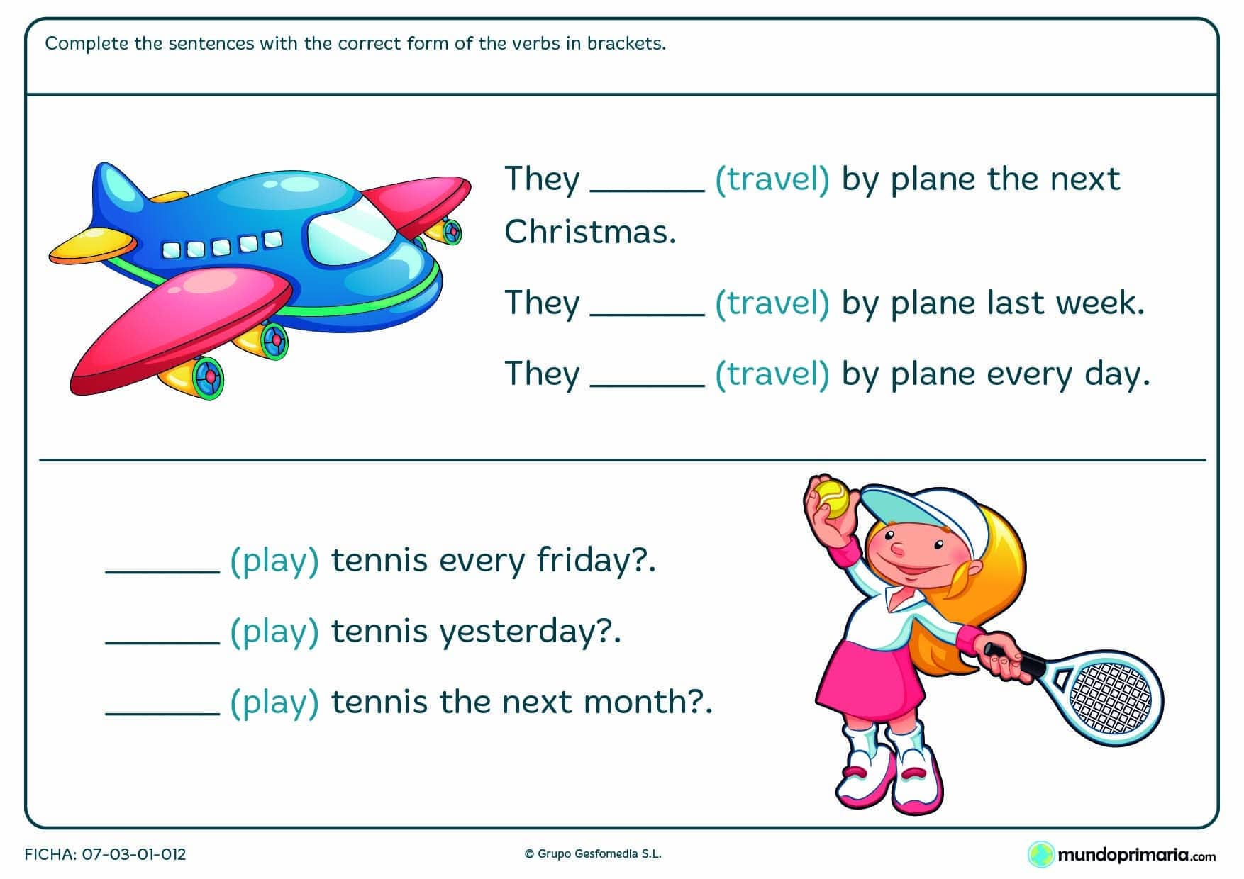 Ficha de conjugar el verbo travel y play para niños de 5º de Primaria
