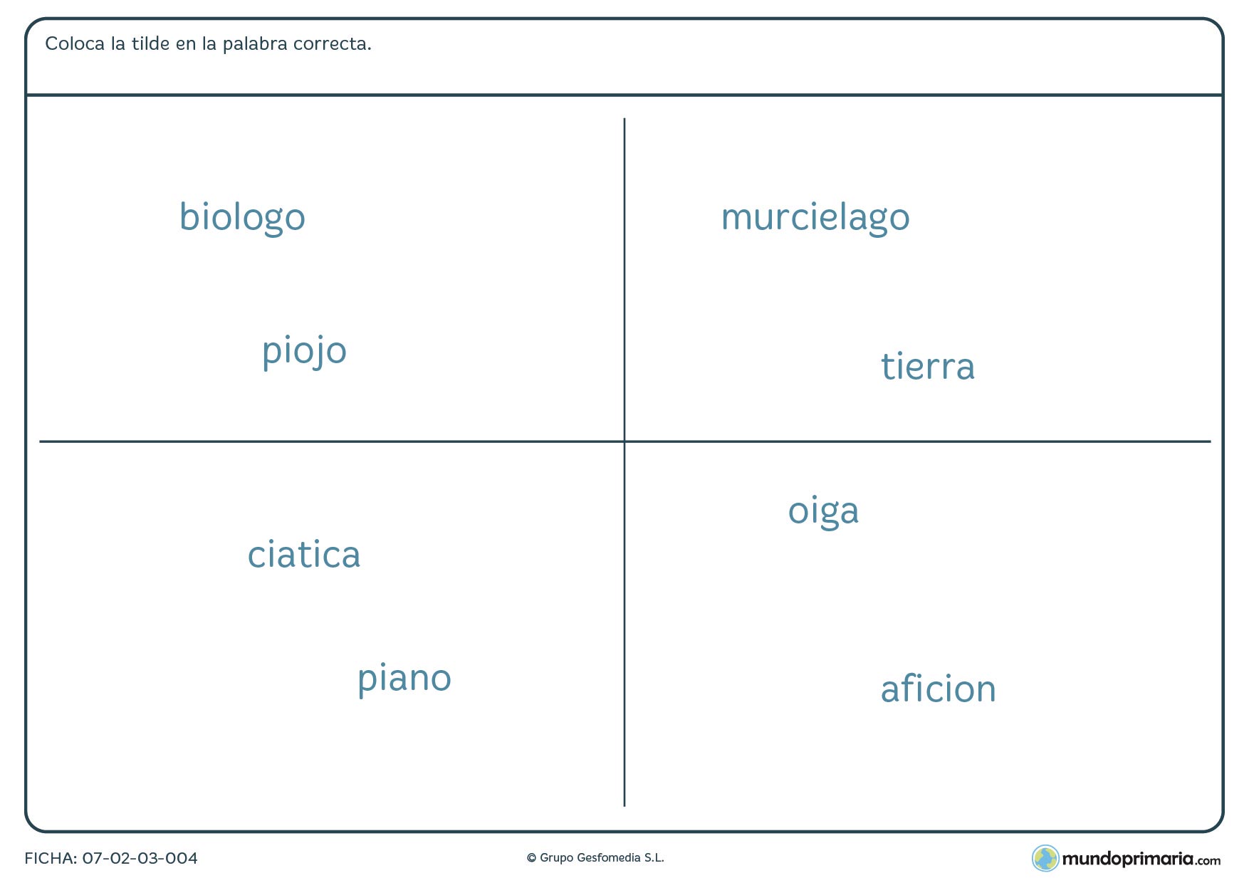 Ficha en la que hay que situar el acento donde corresponda para 4º año