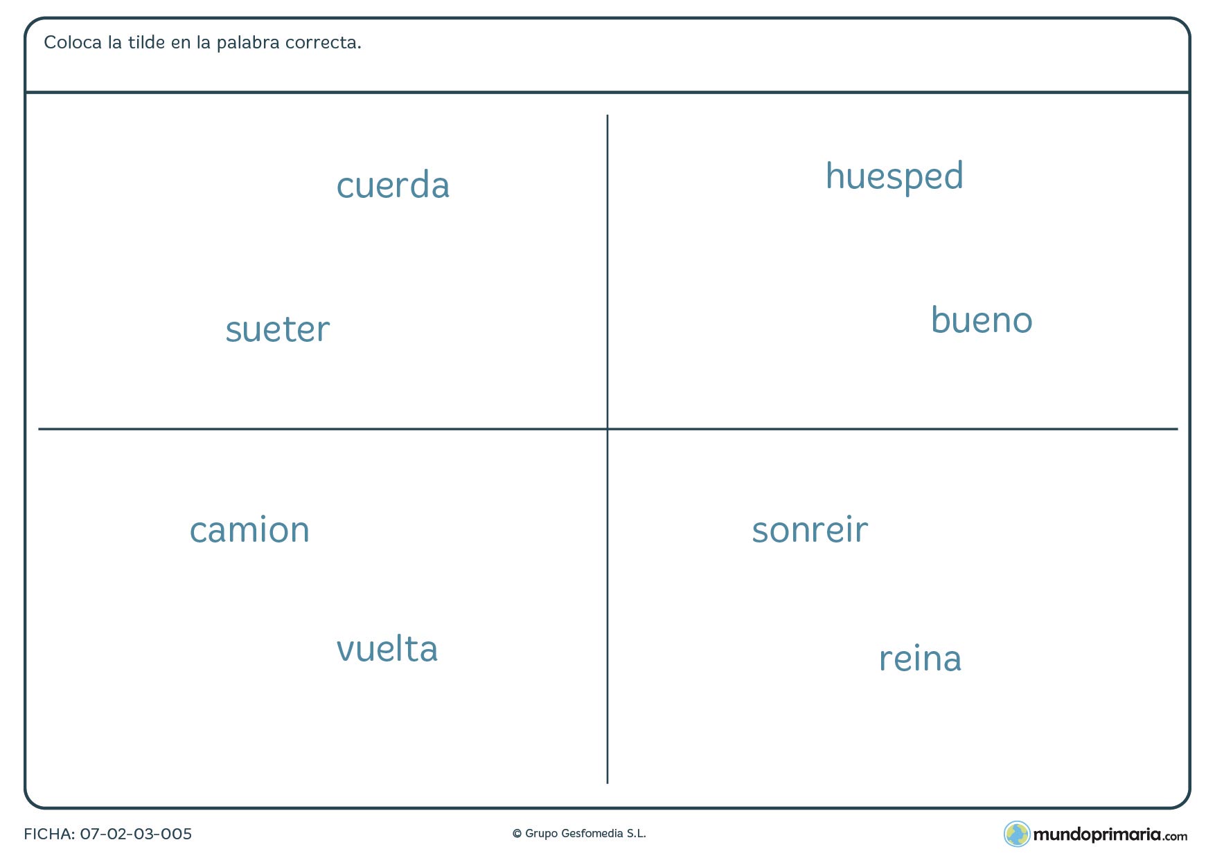 Ficha de lengua para aprender a ubicar las tildes para Primaria