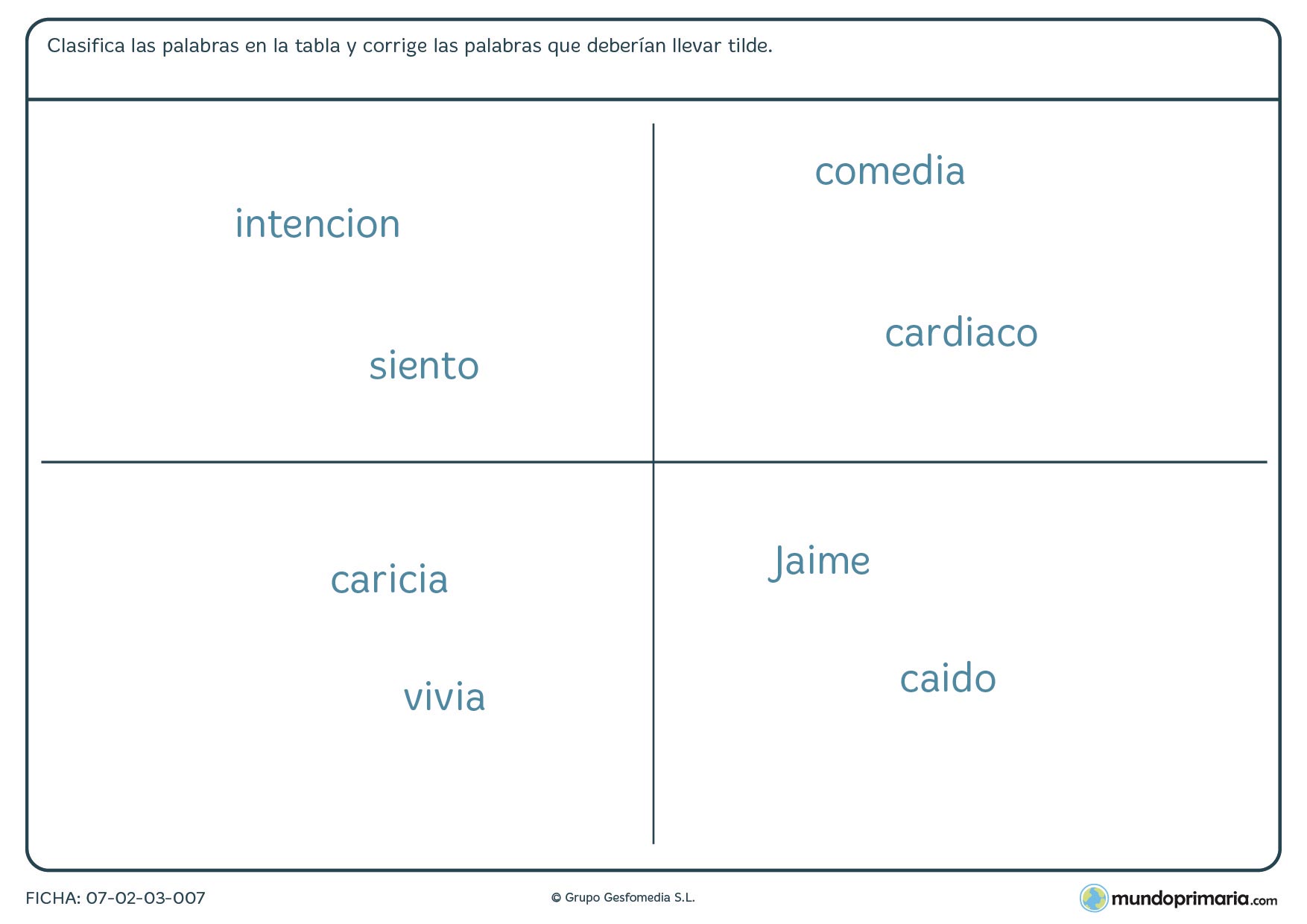 Ficha de educación primaria sobre el uso de las tildes o acentos