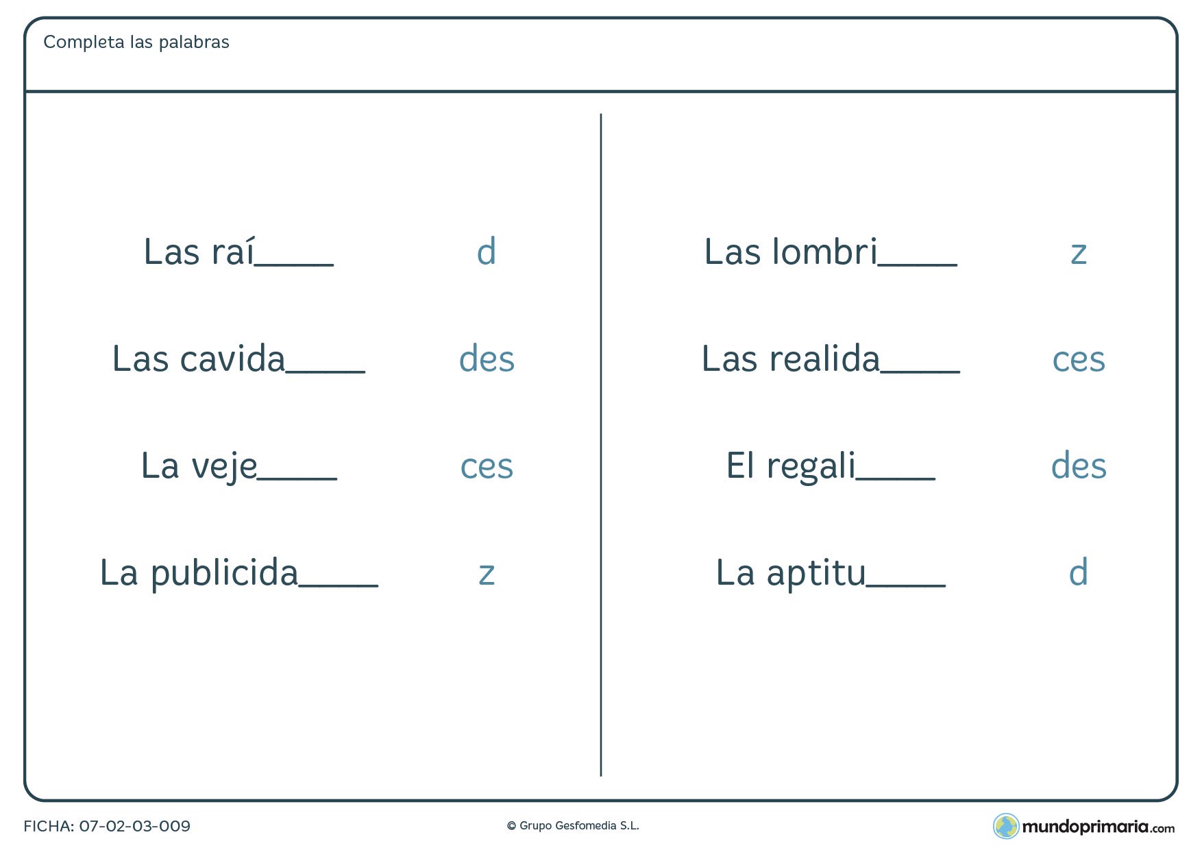 Ficha de las letras d, c y z como terminaciones para 4º de Primaria