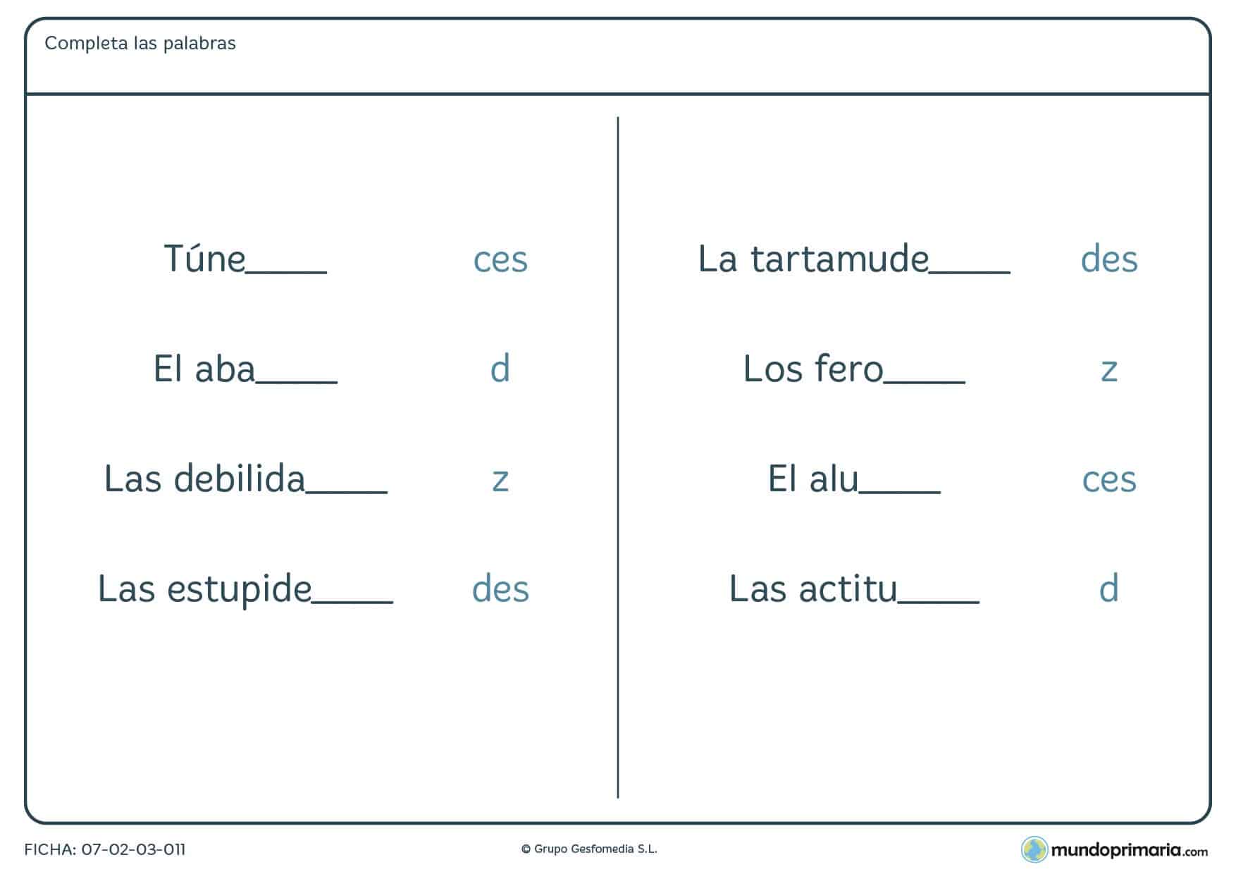 Ficha de palabras con una terminación que se confunde con otras letras