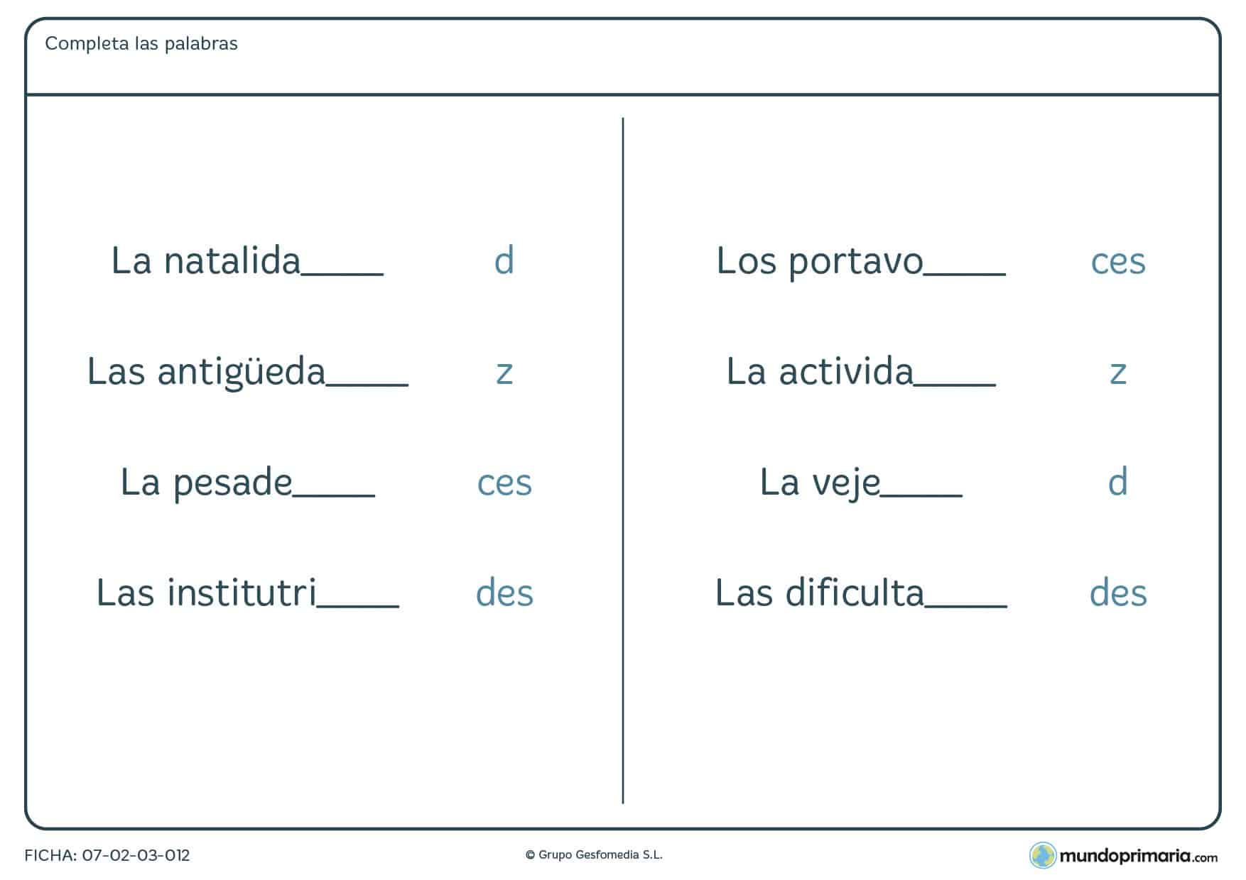 Ficha para niños de 4º de Primaria sobre terminaciones confusas