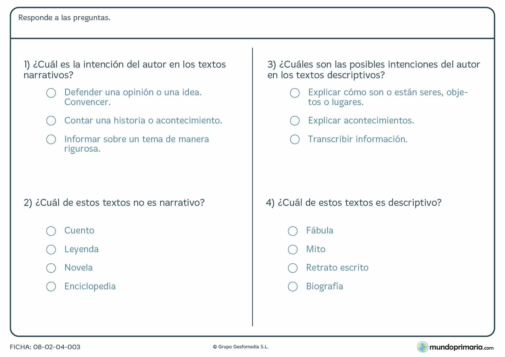 Ficha de responder a las preguntas sobre textos para niños de Primaria