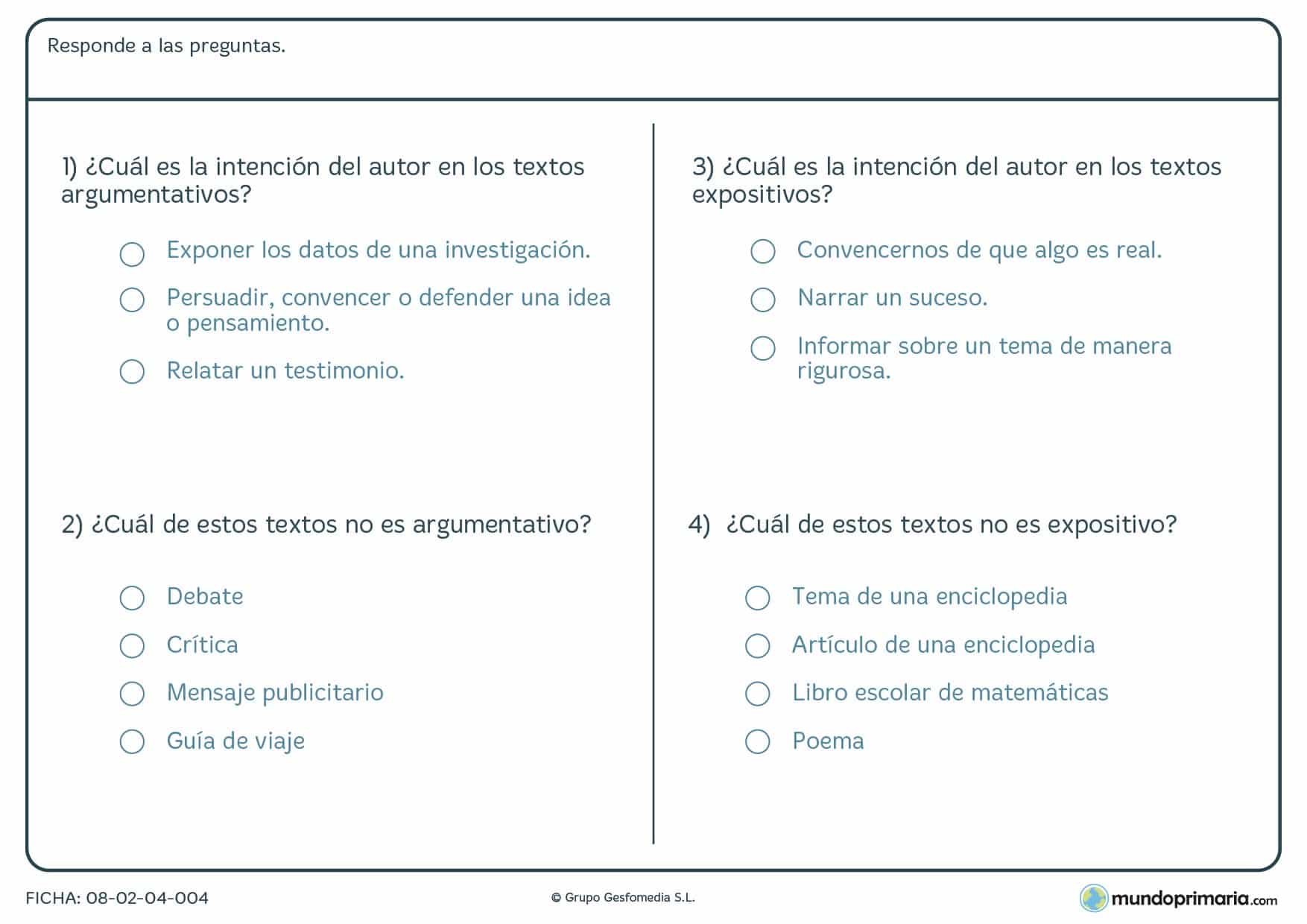 Ficha de textos argumentativos y no argumentativos para Primaria