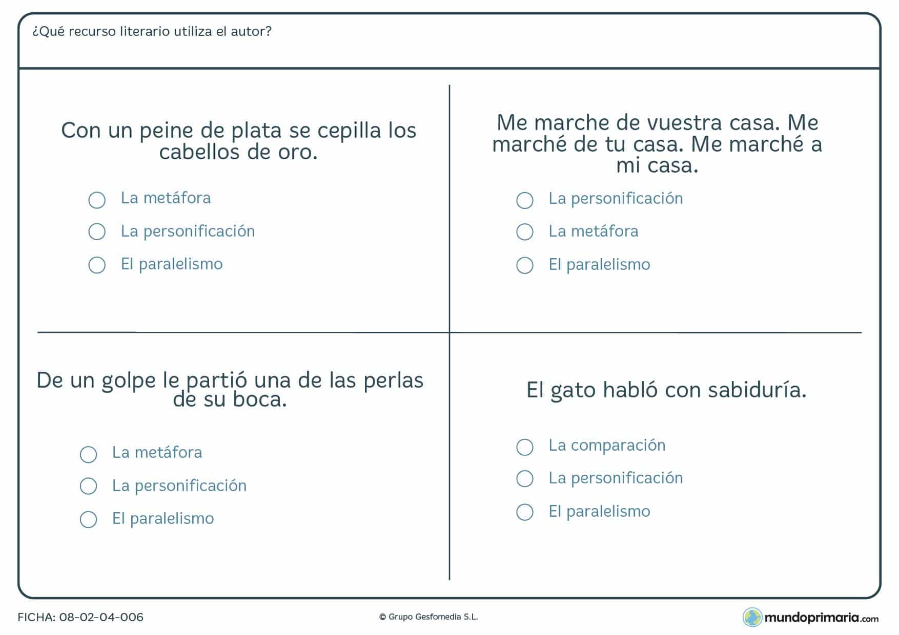 Ficha de metáfora, personificación y paralelismo para Primaria